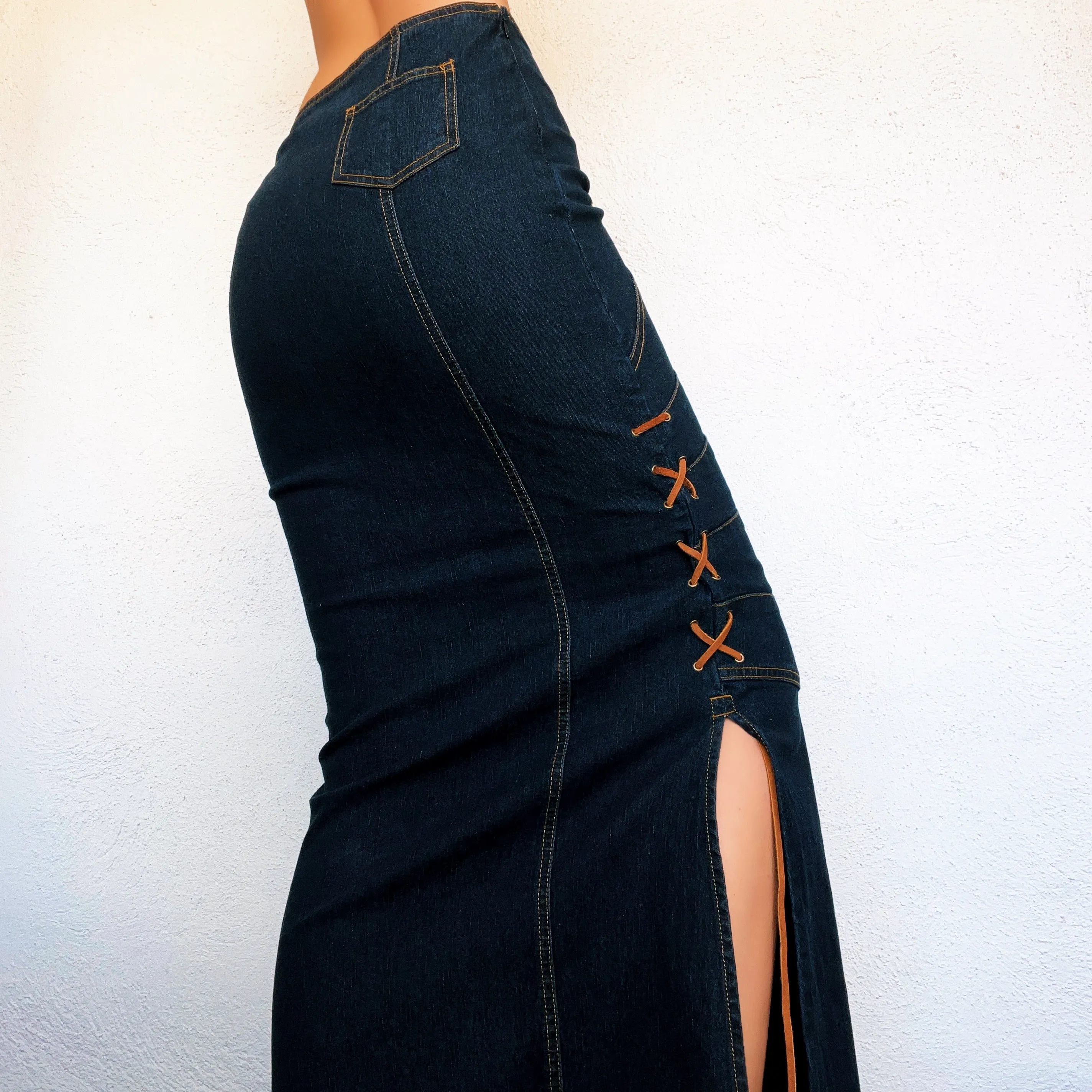 Lace Up Denim Maxi Skirt