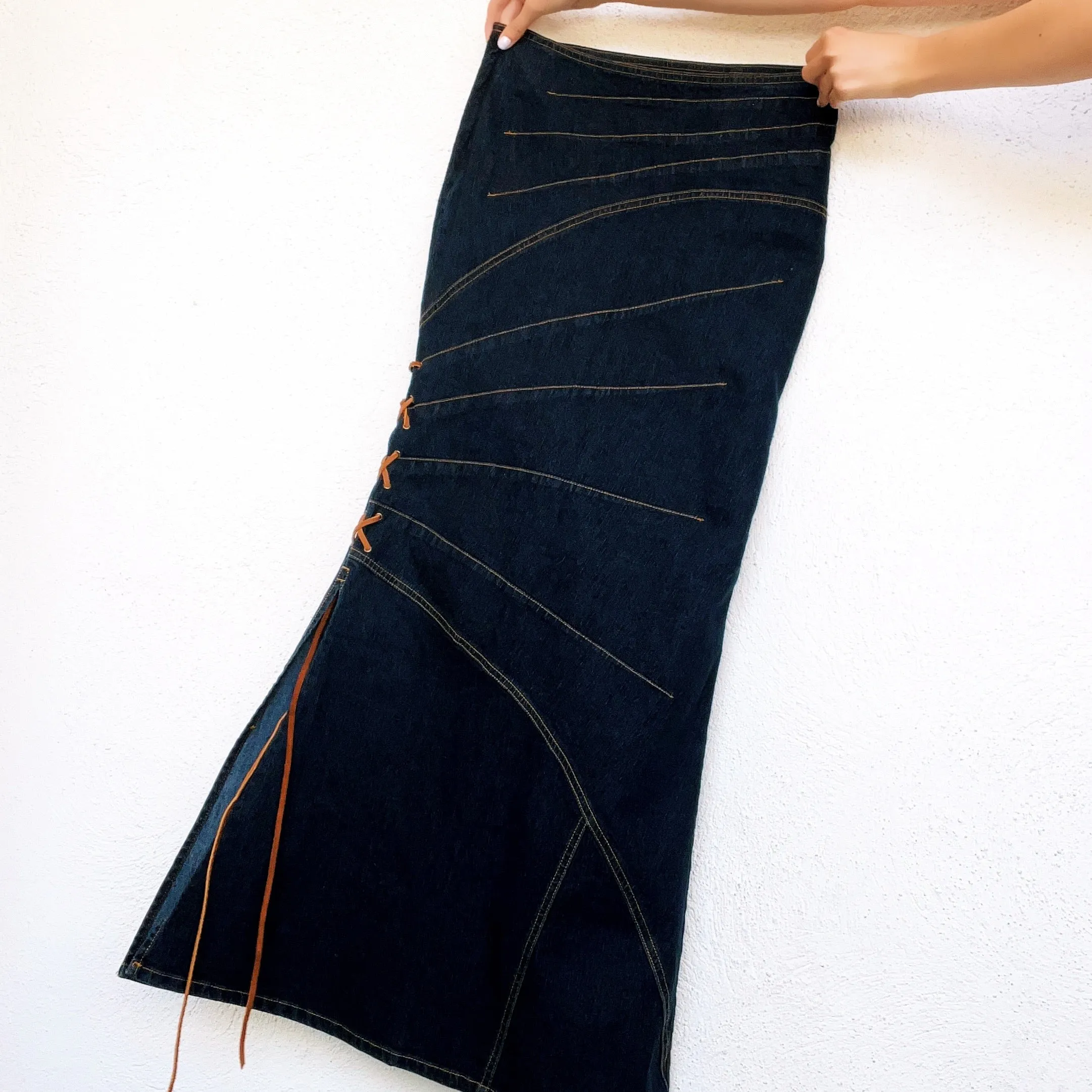 Lace Up Denim Maxi Skirt