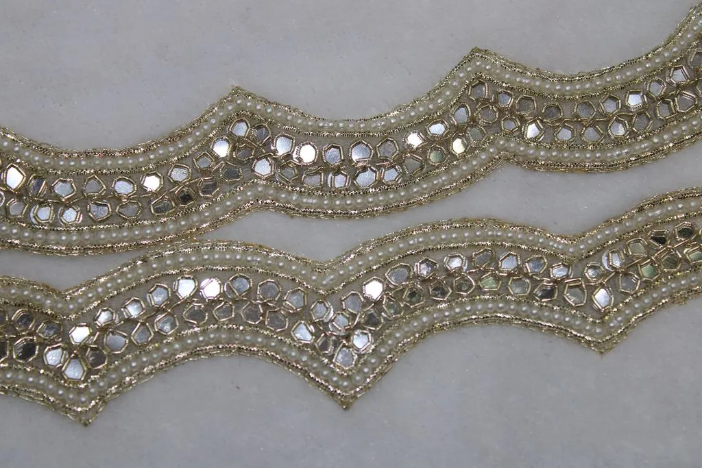 Light Golden Pearl and Mirror Work Embroidered Border
