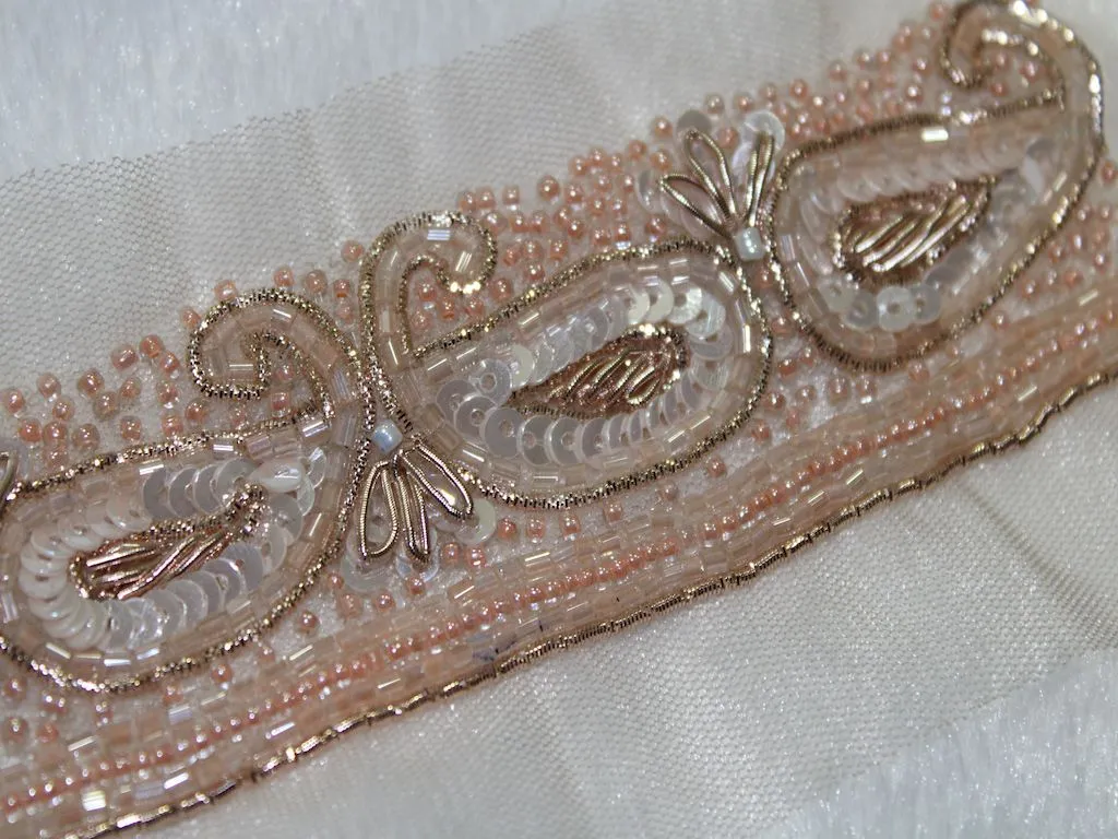 Light Pink & White Sequins and Beads Work Embroidered Border