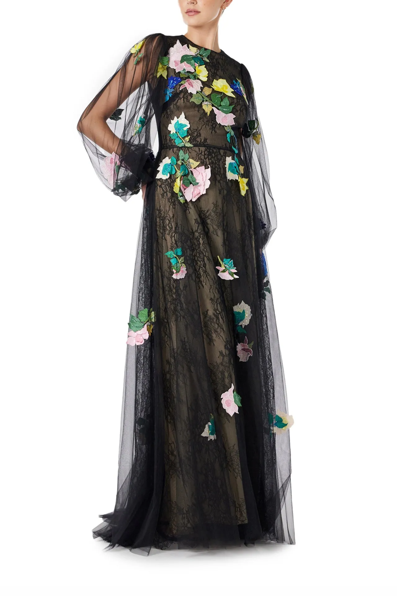 Long Sleeve Embroidered Tulle Gown