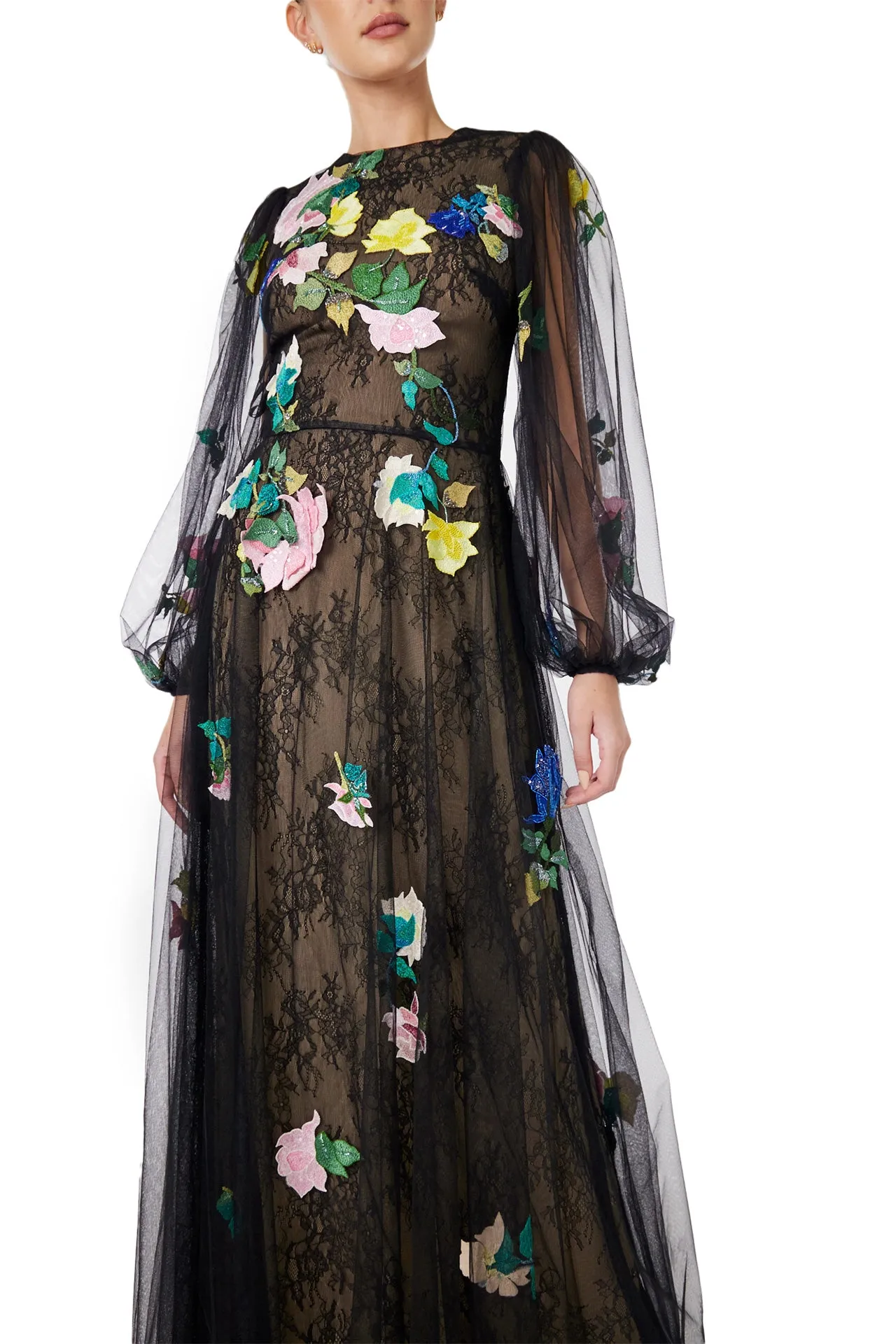 Long Sleeve Embroidered Tulle Gown