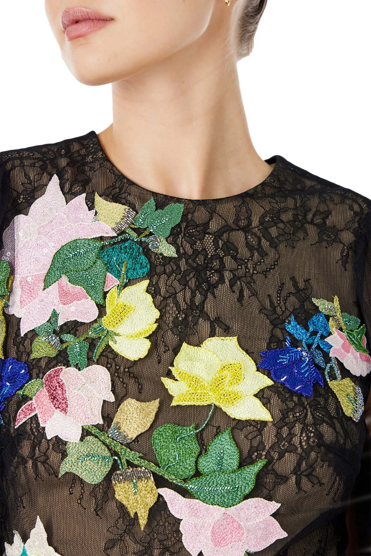 Long Sleeve Embroidered Tulle Gown