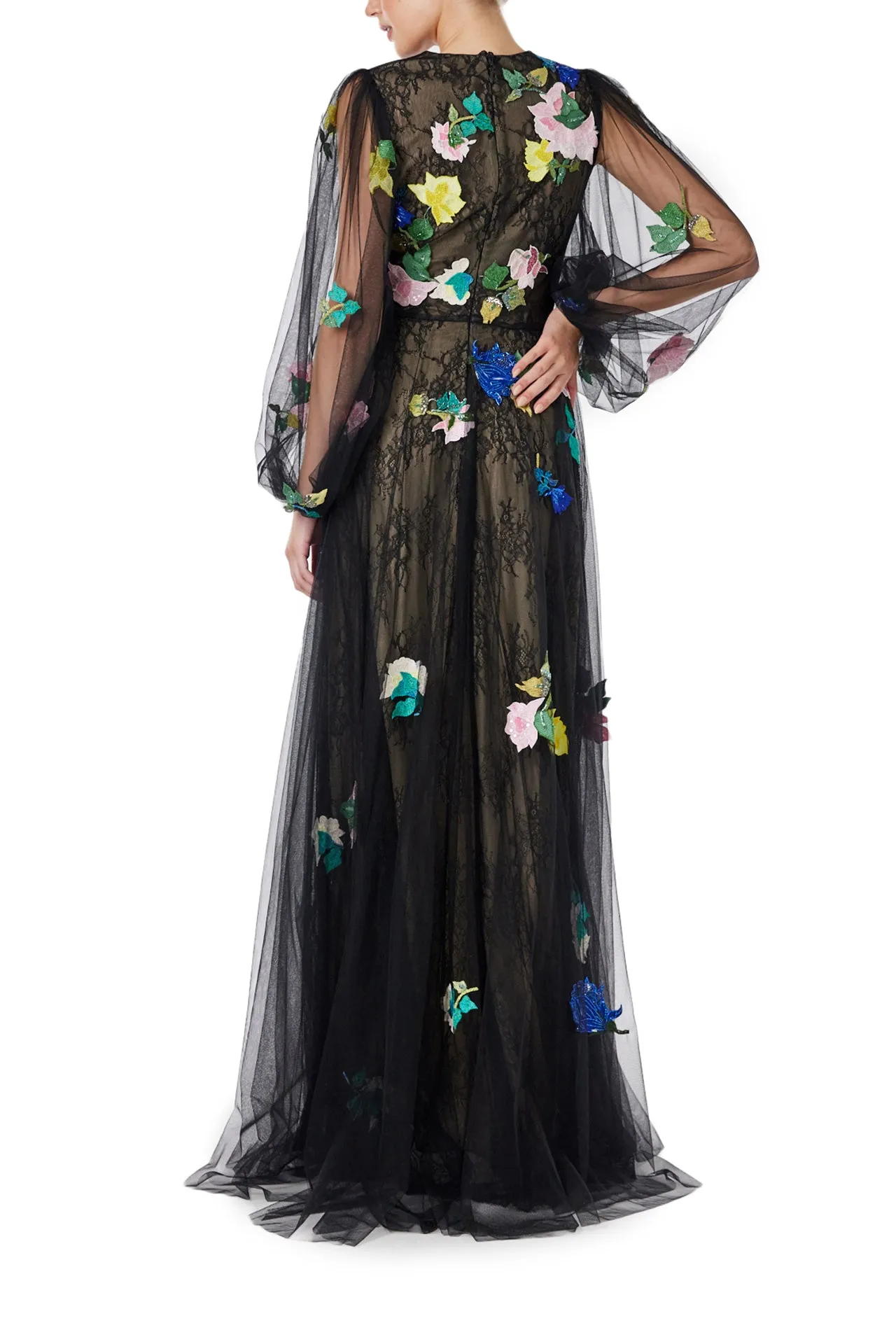 Long Sleeve Embroidered Tulle Gown