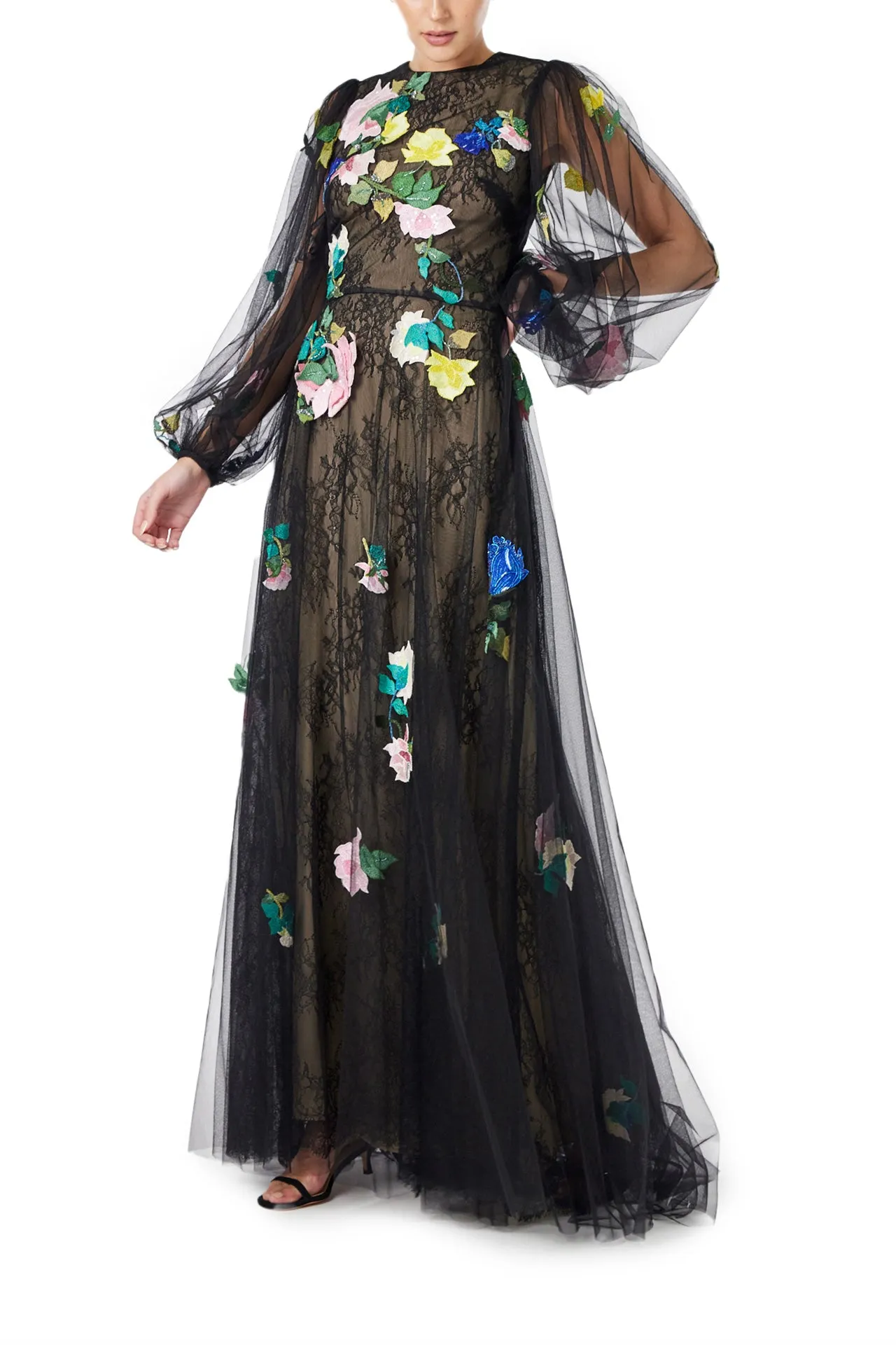 Long Sleeve Embroidered Tulle Gown