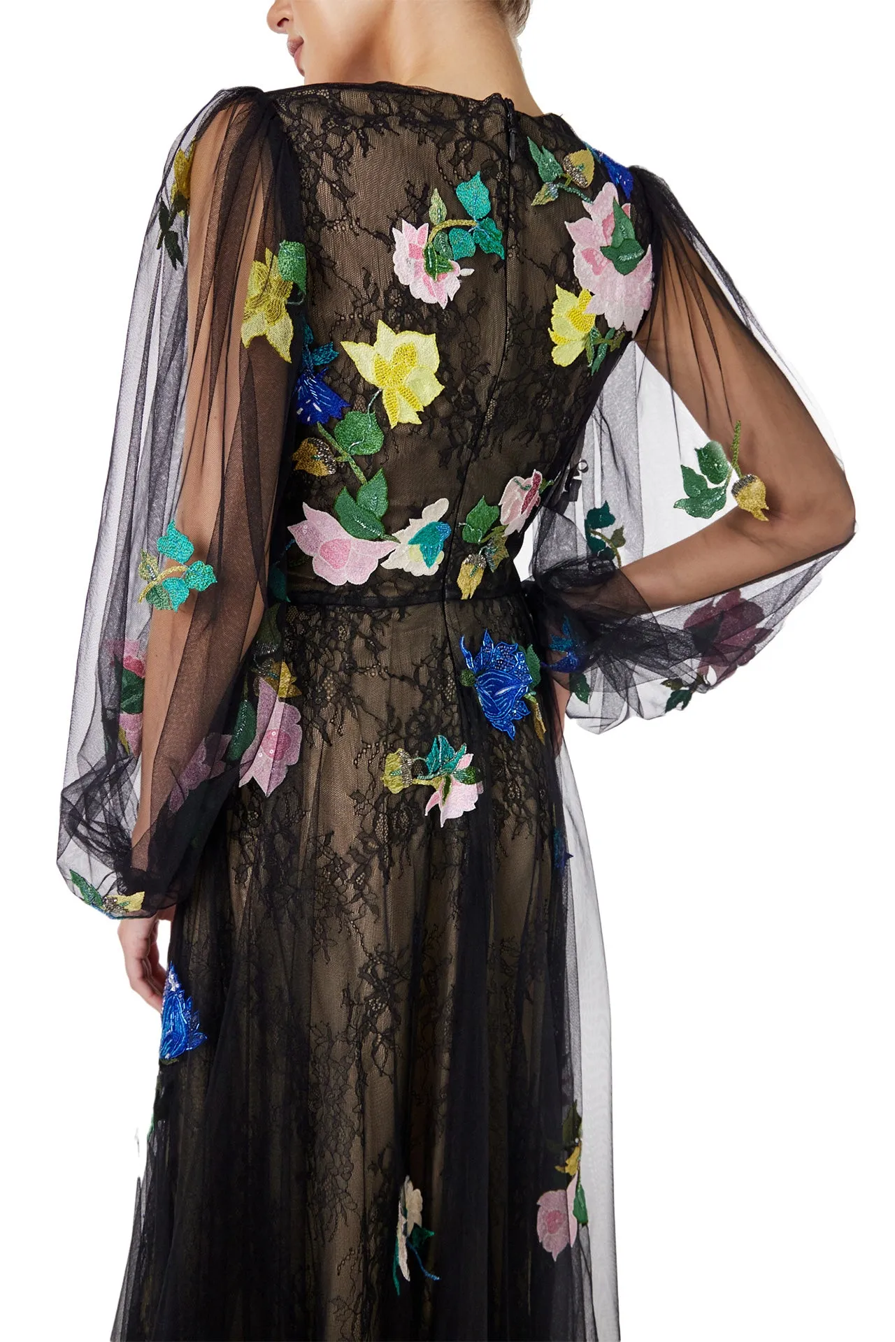 Long Sleeve Embroidered Tulle Gown