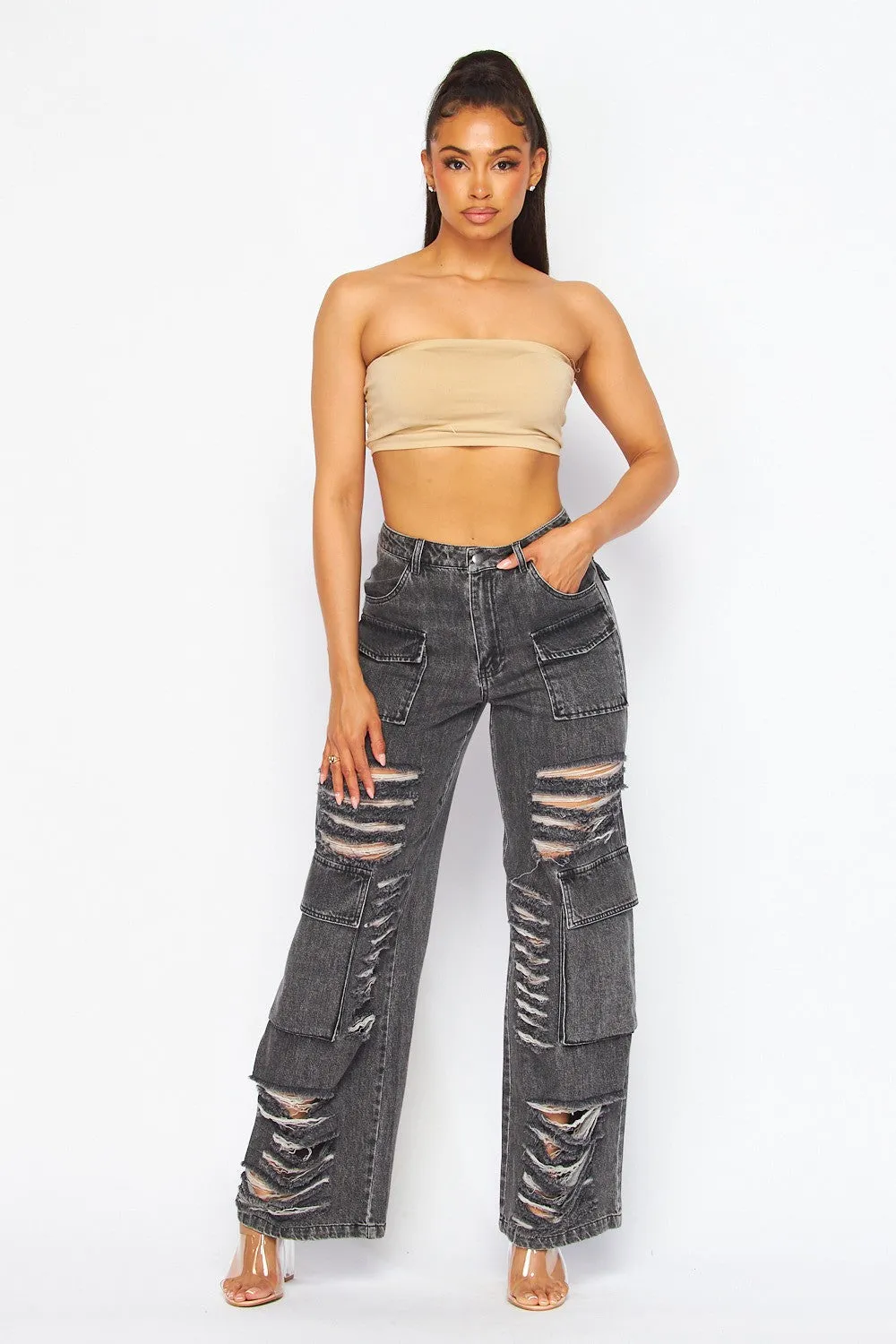 Members Only Distressed Denim Jean Cargo Pants