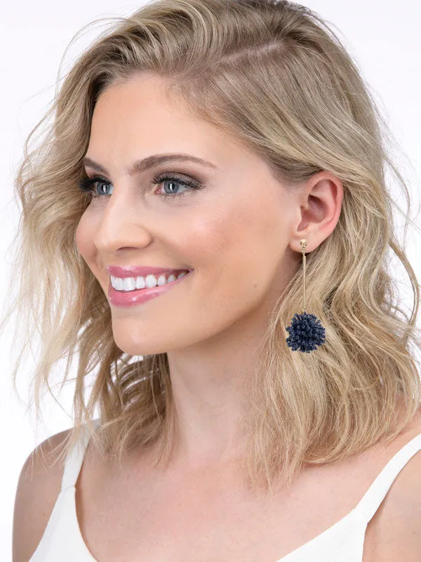 Navy Beaded Pom Pom Earrings