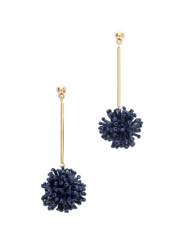 Navy Beaded Pom Pom Earrings