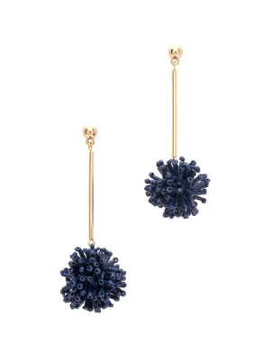 Navy Beaded Pom Pom Earrings