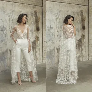 NumberSea 2024 Wedding Jumpsuit With Cape Beach Wedding Dresses V Neck Tea Length Lace Bridal Outfit Wedding Gowns