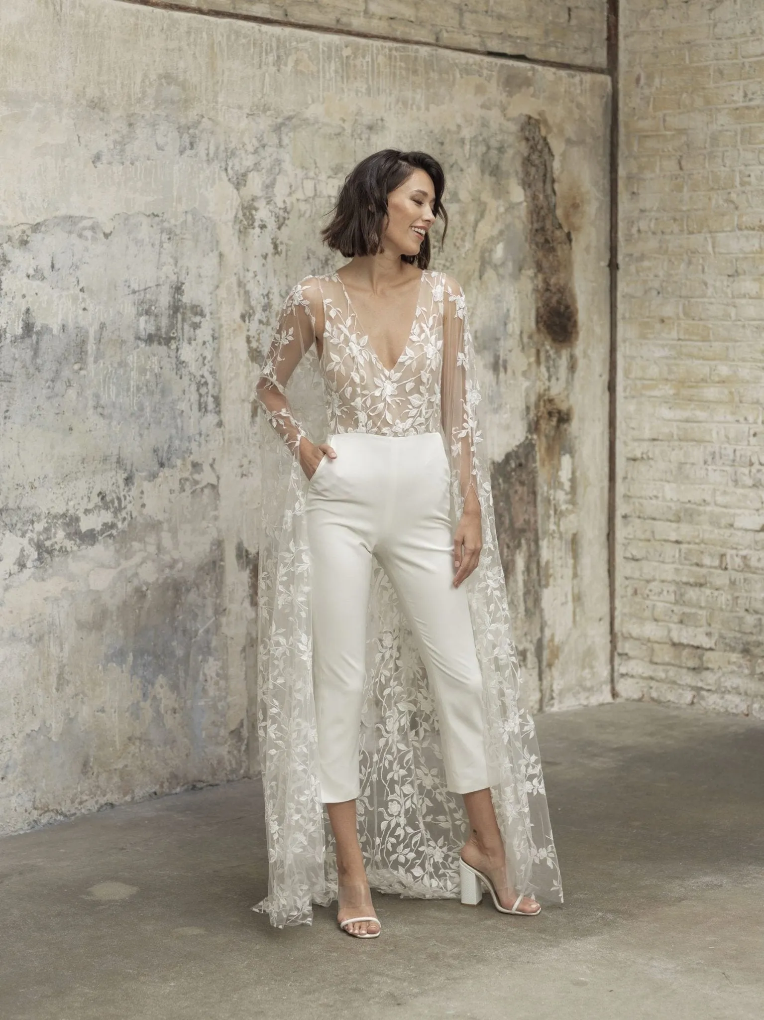 NumberSea 2024 Wedding Jumpsuit With Cape Beach Wedding Dresses V Neck Tea Length Lace Bridal Outfit Wedding Gowns