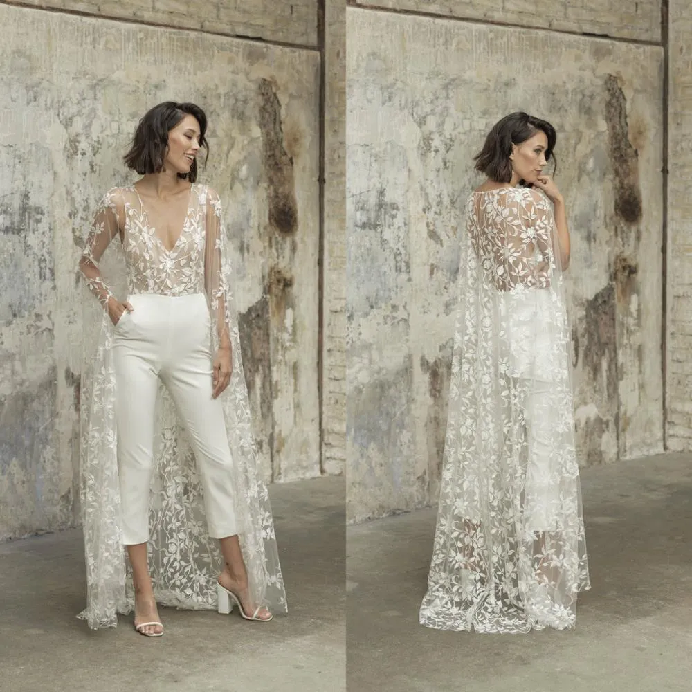 NumberSea 2024 Wedding Jumpsuit With Cape Beach Wedding Dresses V Neck Tea Length Lace Bridal Outfit Wedding Gowns