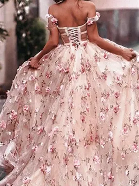 Off-the-shoulder Lace Prom Dresses Ball Gown Flower Gowns PD494