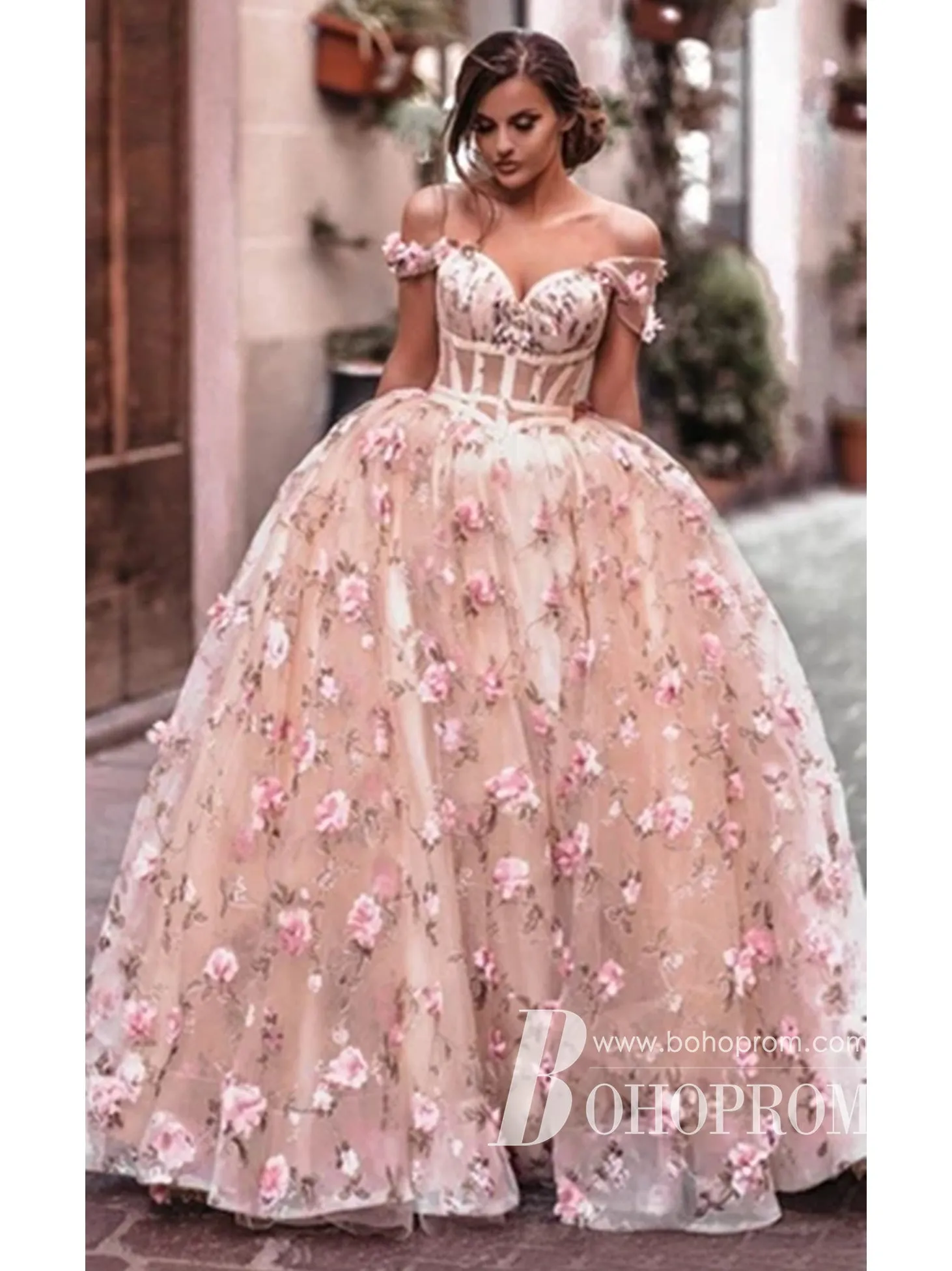 Off-the-shoulder Lace Prom Dresses Ball Gown Flower Gowns PD494