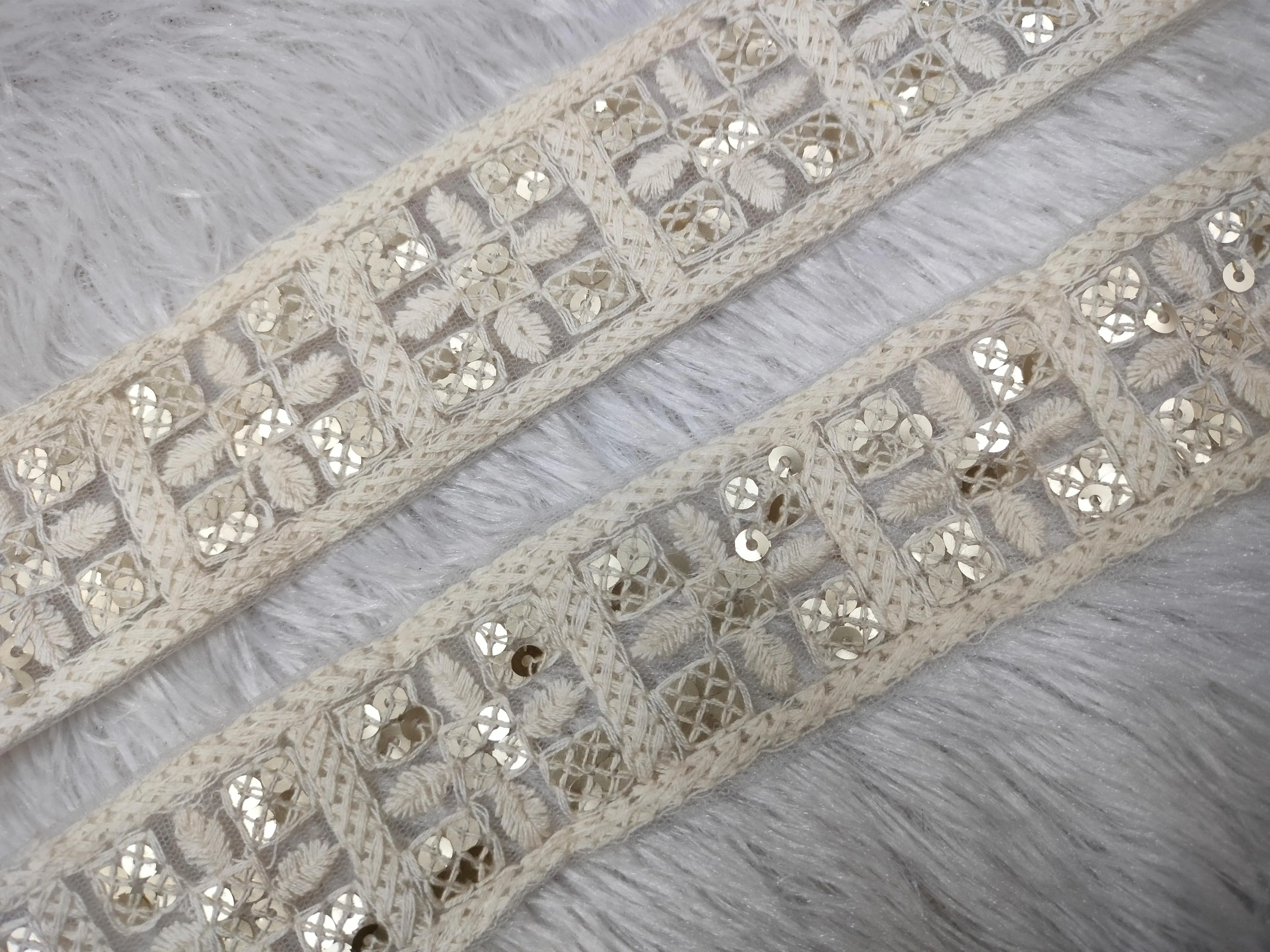 Off White Sequins Work Embellished Thread Trim