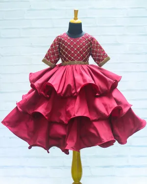 Pre-Order: Maroon Layered Umbrella Gown With Checked Design Hand Work