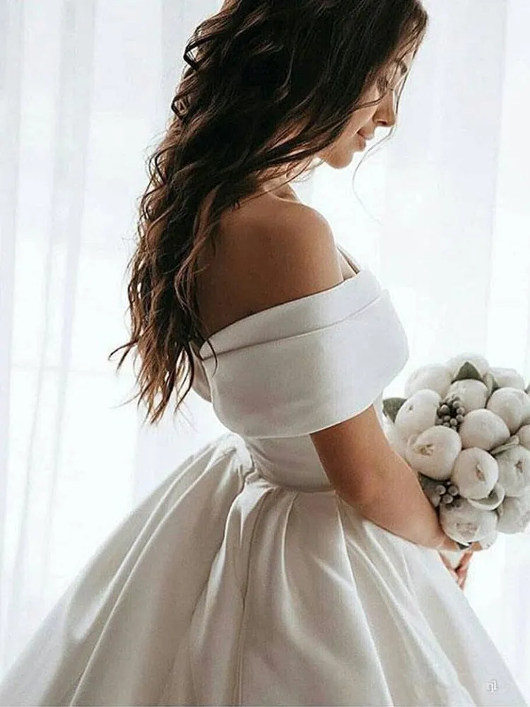 Princess Satin Vintage Wedding Dress, Off Shoulder