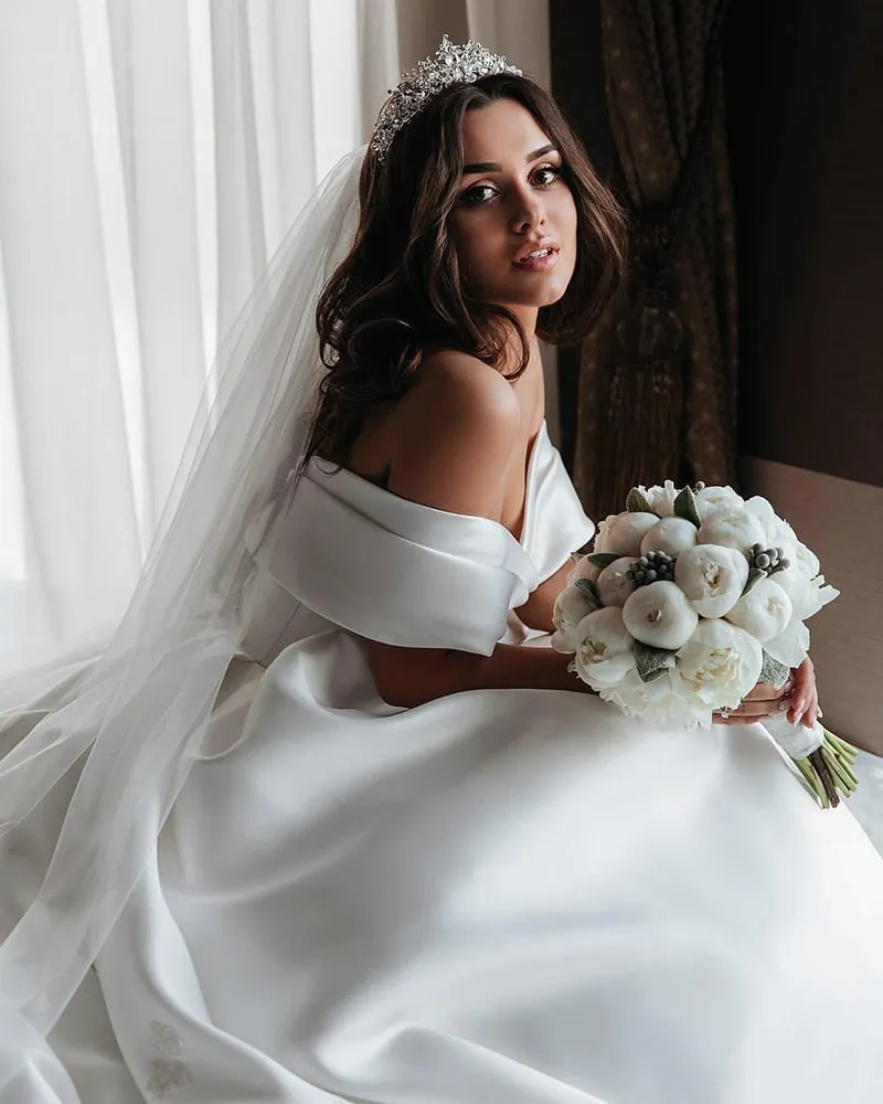 Princess Satin Vintage Wedding Dress, Off Shoulder