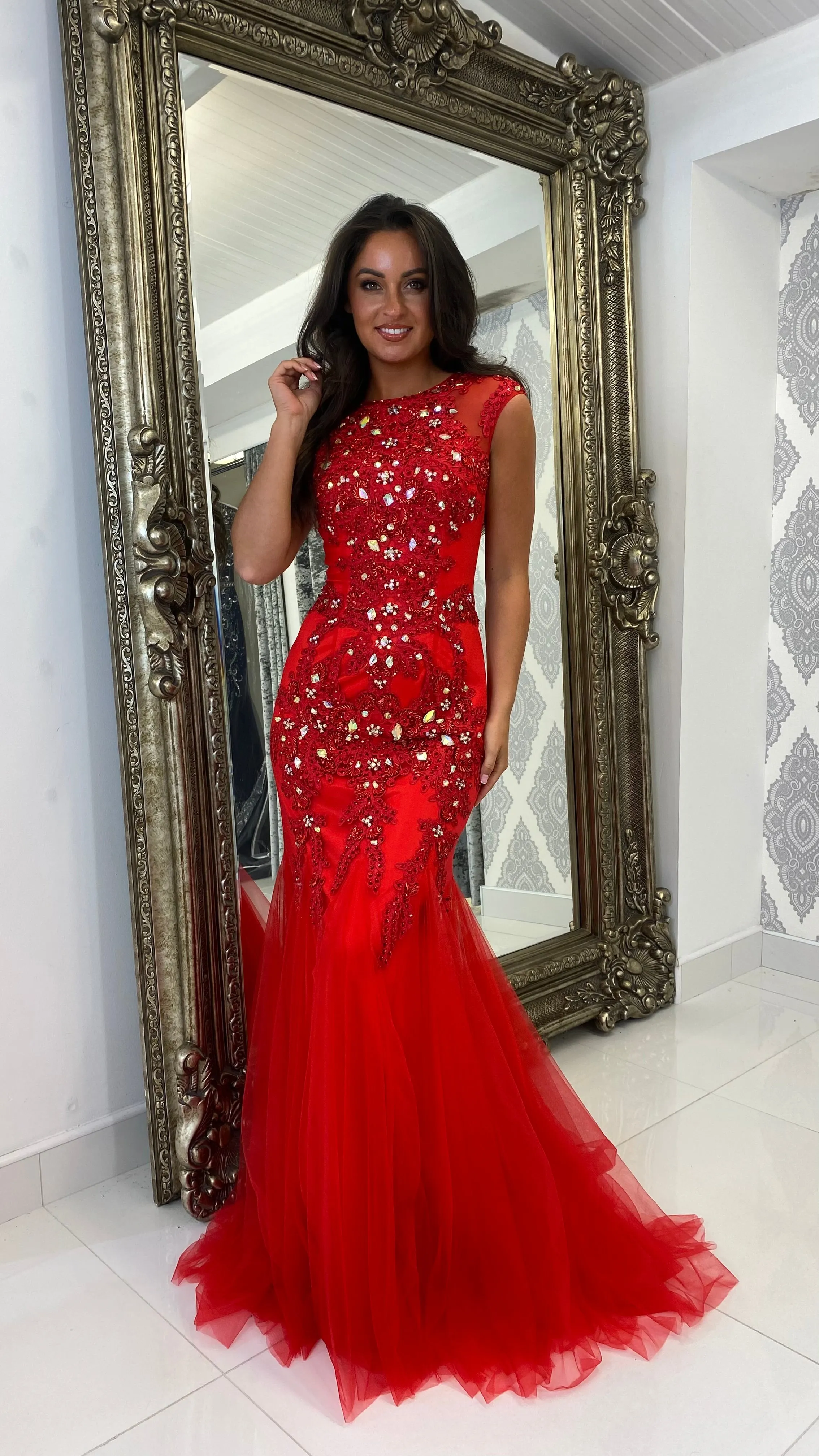 Red Jewelled Cap Sleeve Fishtail Gown