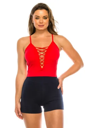 Red Seamless Ribbed Tank Top with Lace V Neck