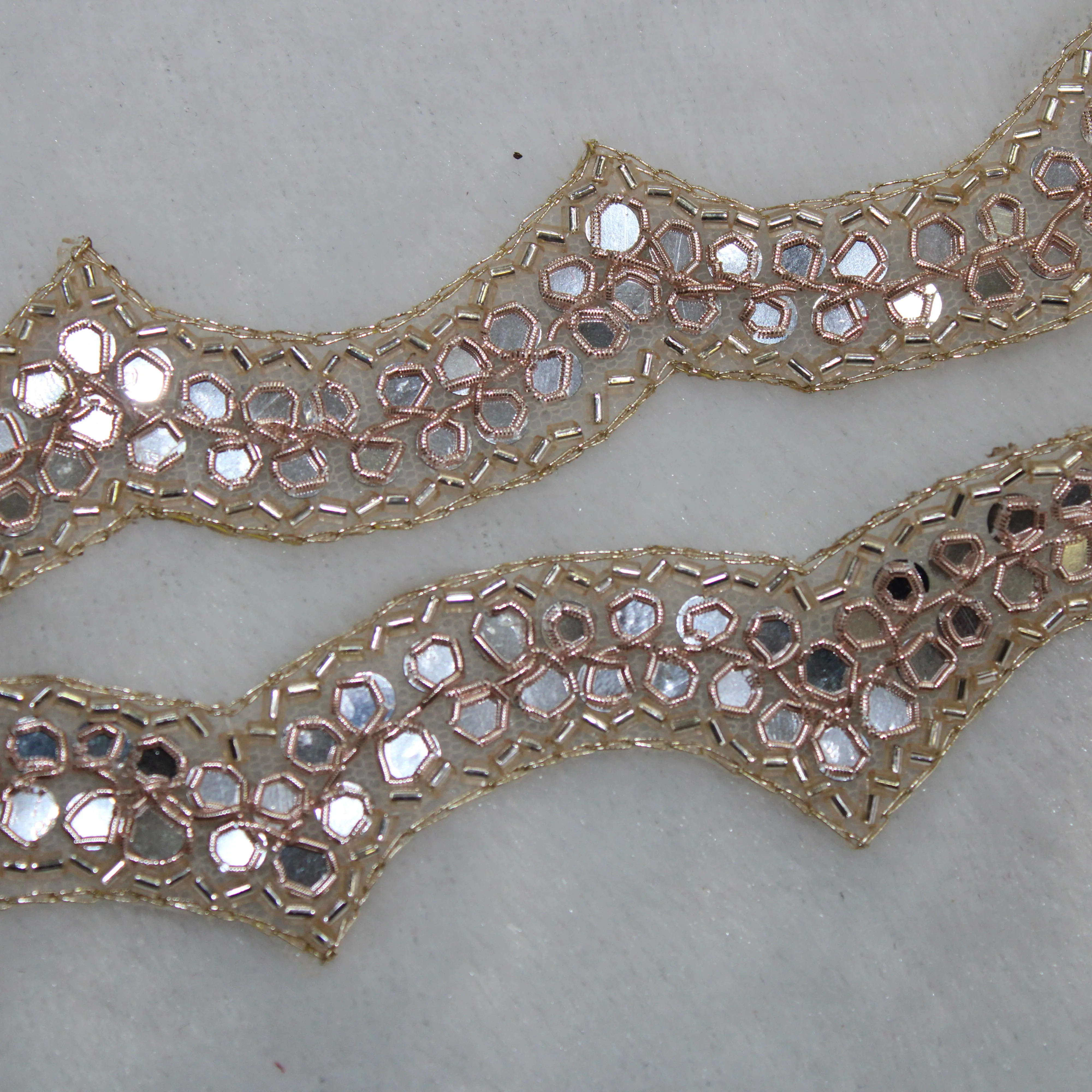 Rose Gold Mirror Work Embellished Handwork Trim (Wholesale)