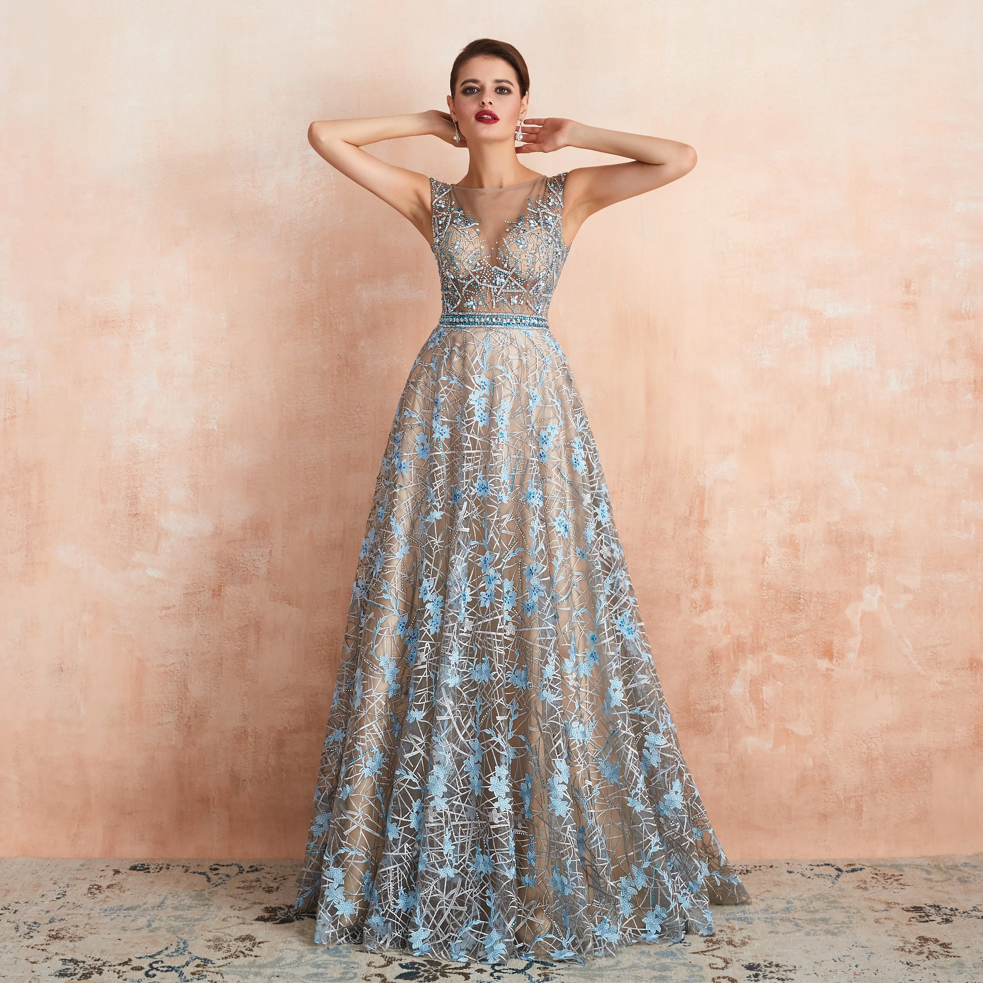 See-through Floral Lace Embroidered Beaded Cap Sleeve Evening gown