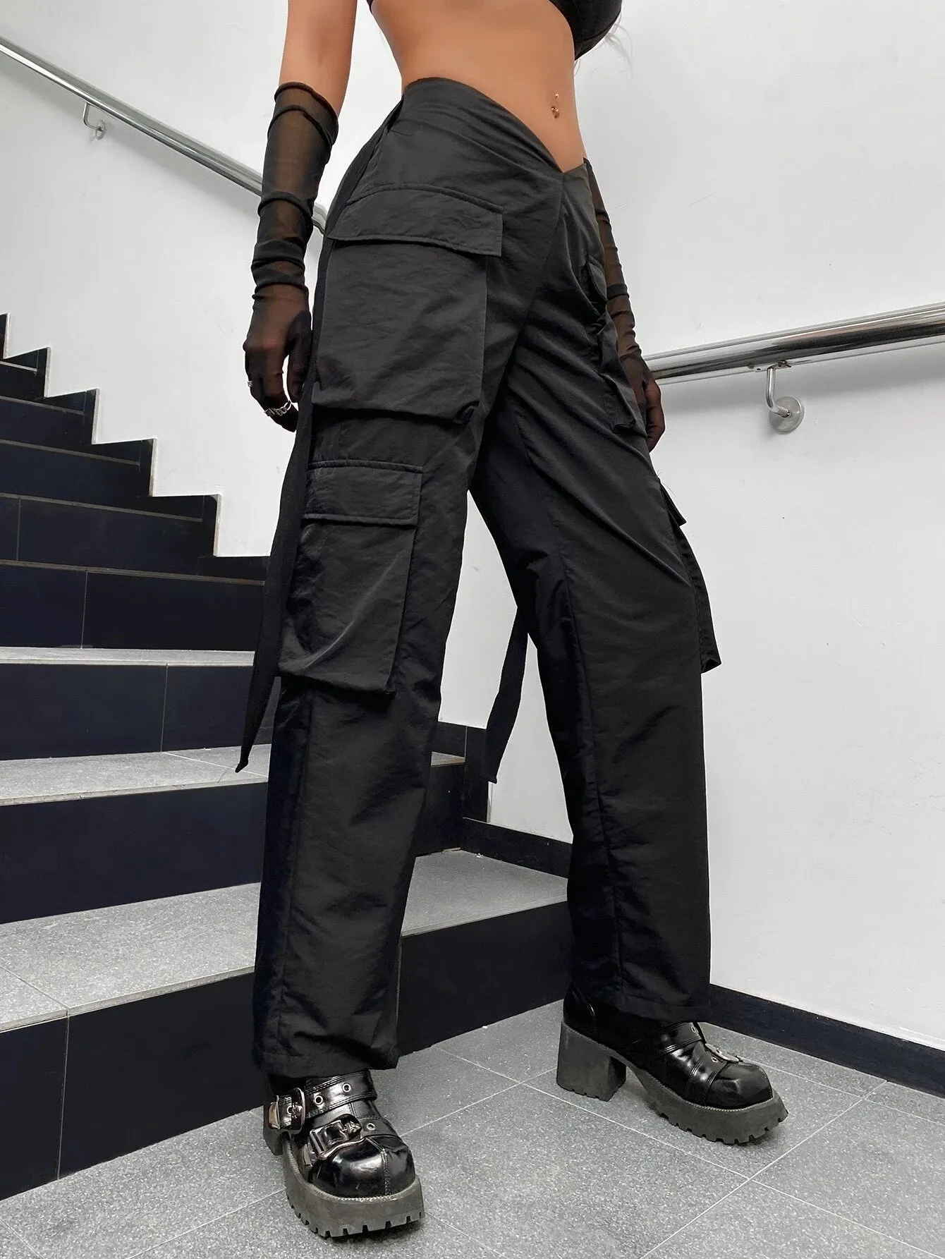 Street Vibes Tape Flap Pocket Side Cargo Parachute Pants