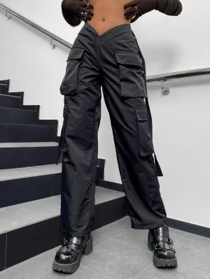 Street Vibes Tape Flap Pocket Side Cargo Parachute Pants