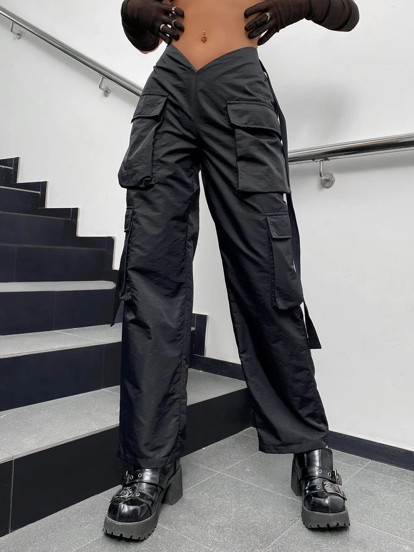 Street Vibes Tape Flap Pocket Side Cargo Parachute Pants