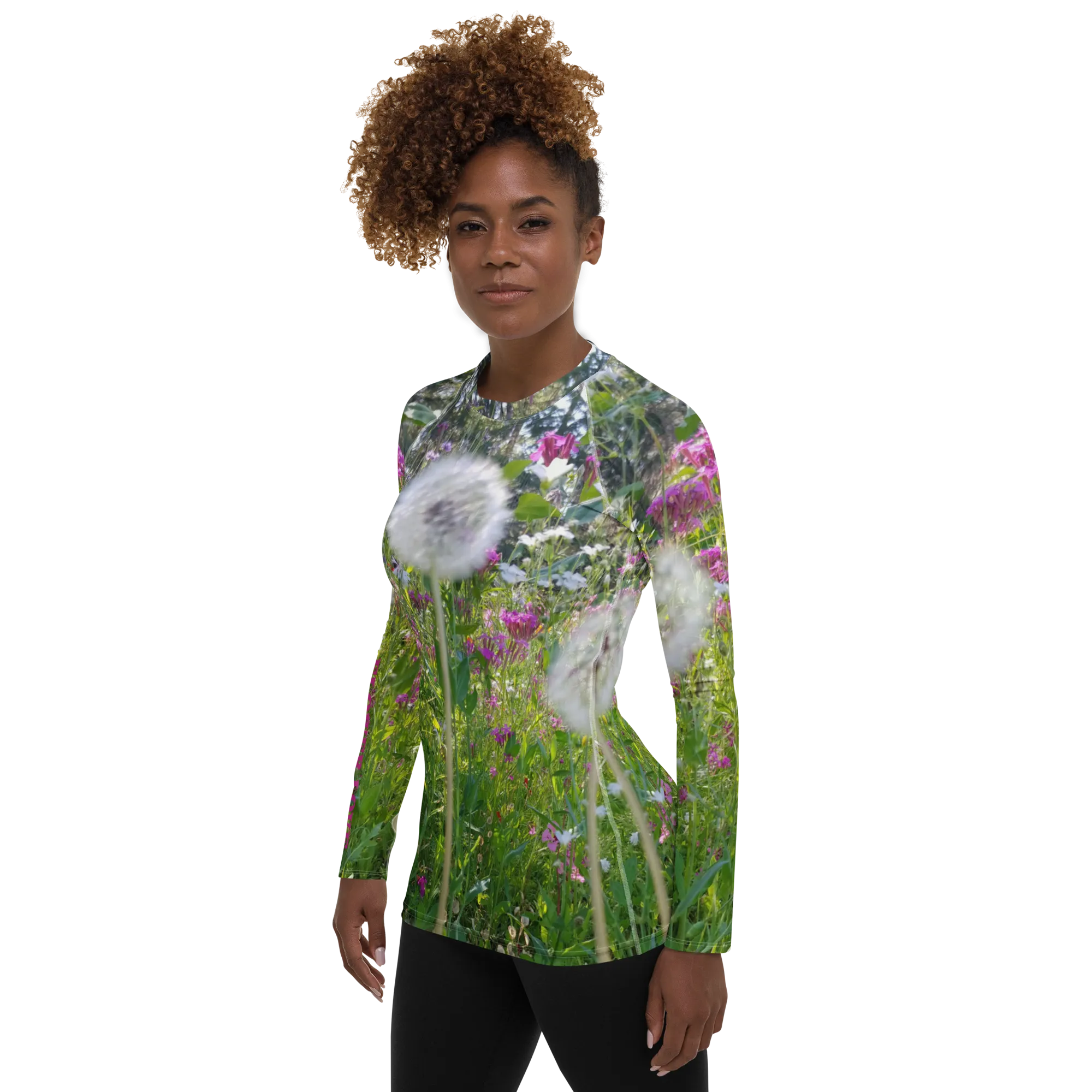 The FLOWER LOVE Collection - "Dreamy Dandelions" Design Luxurious Women's Rash Guard, Sun Protective Clothing, Sports & Fitness Clothing