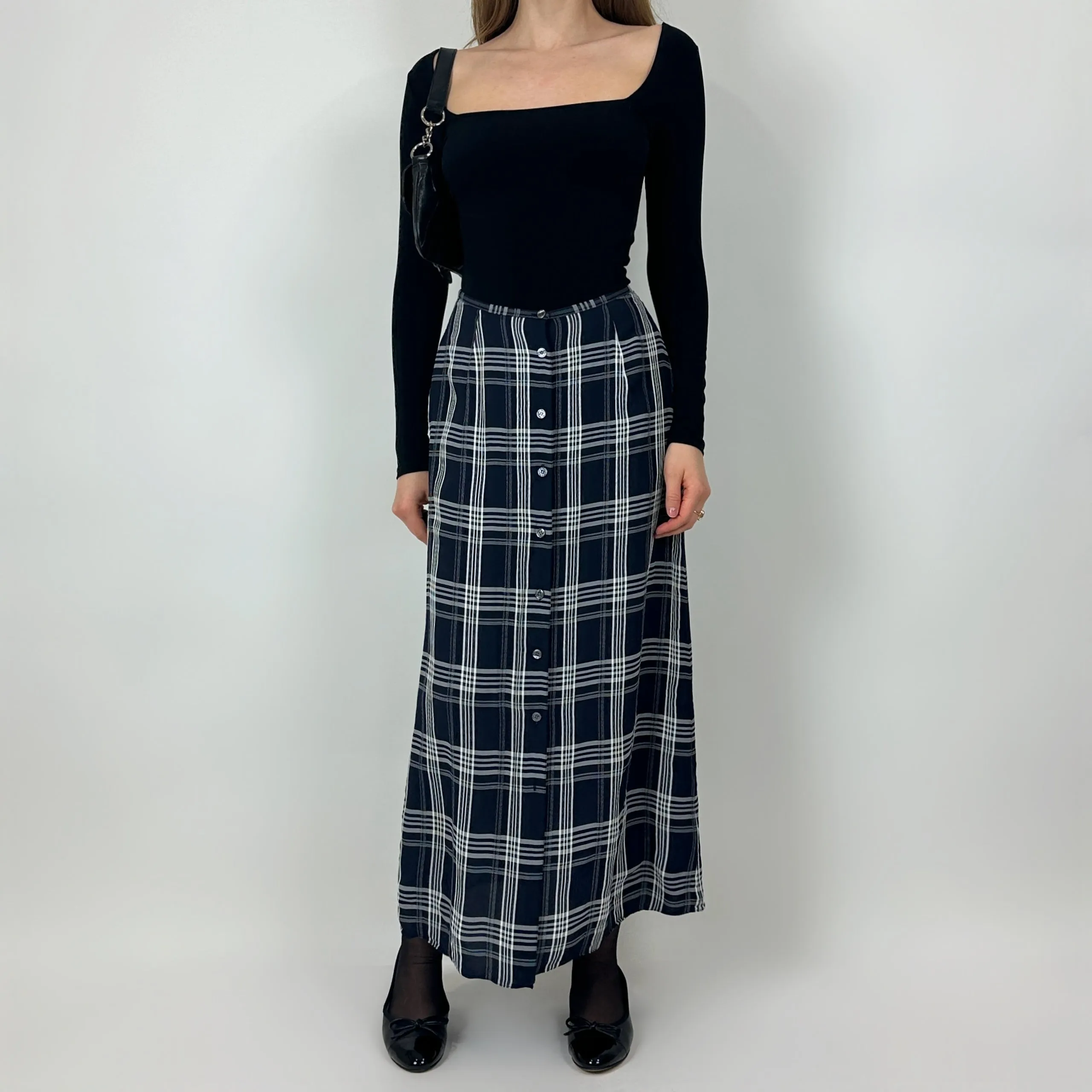 Vintage Navy Plaid Maxi Skirt (S)