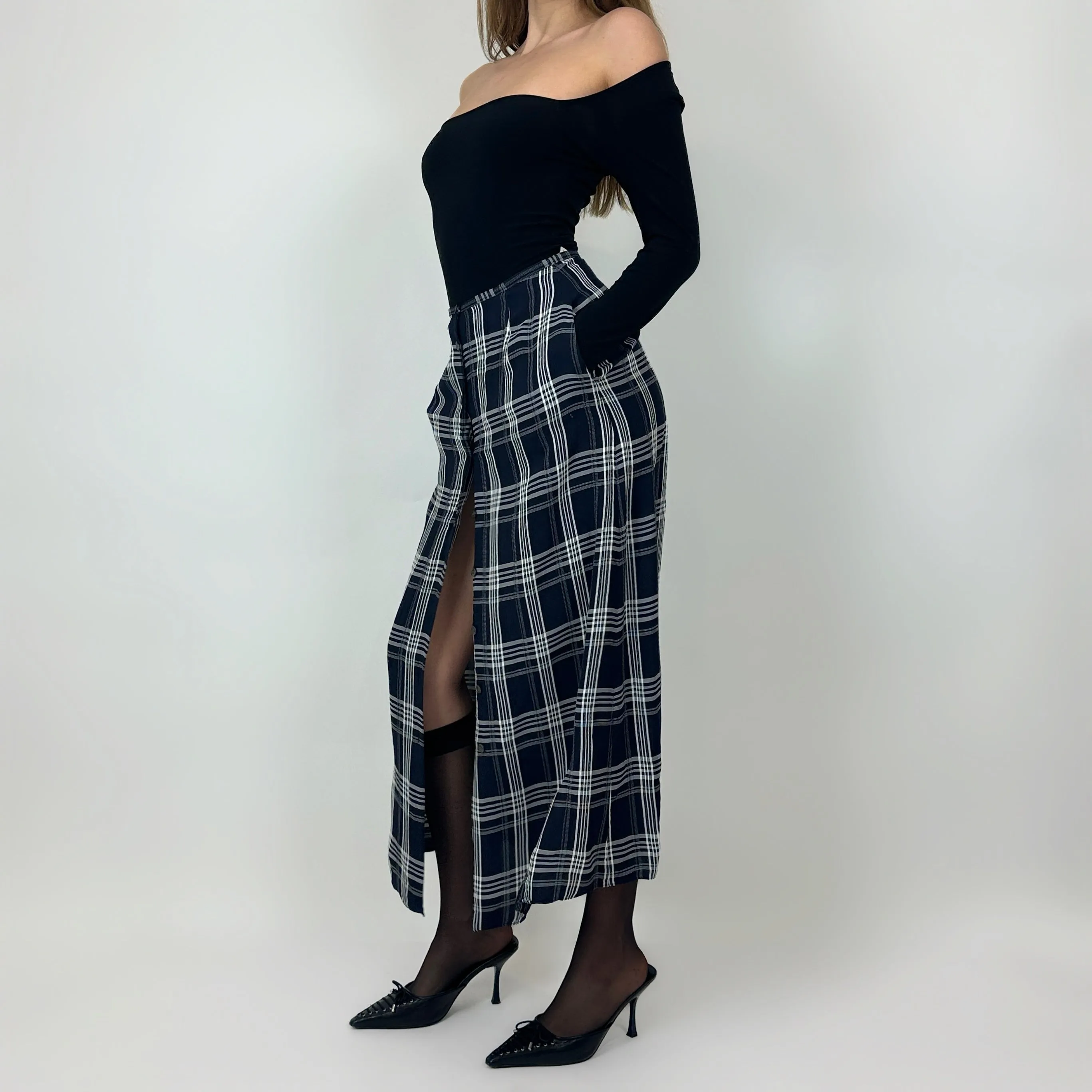 Vintage Navy Plaid Maxi Skirt (S)