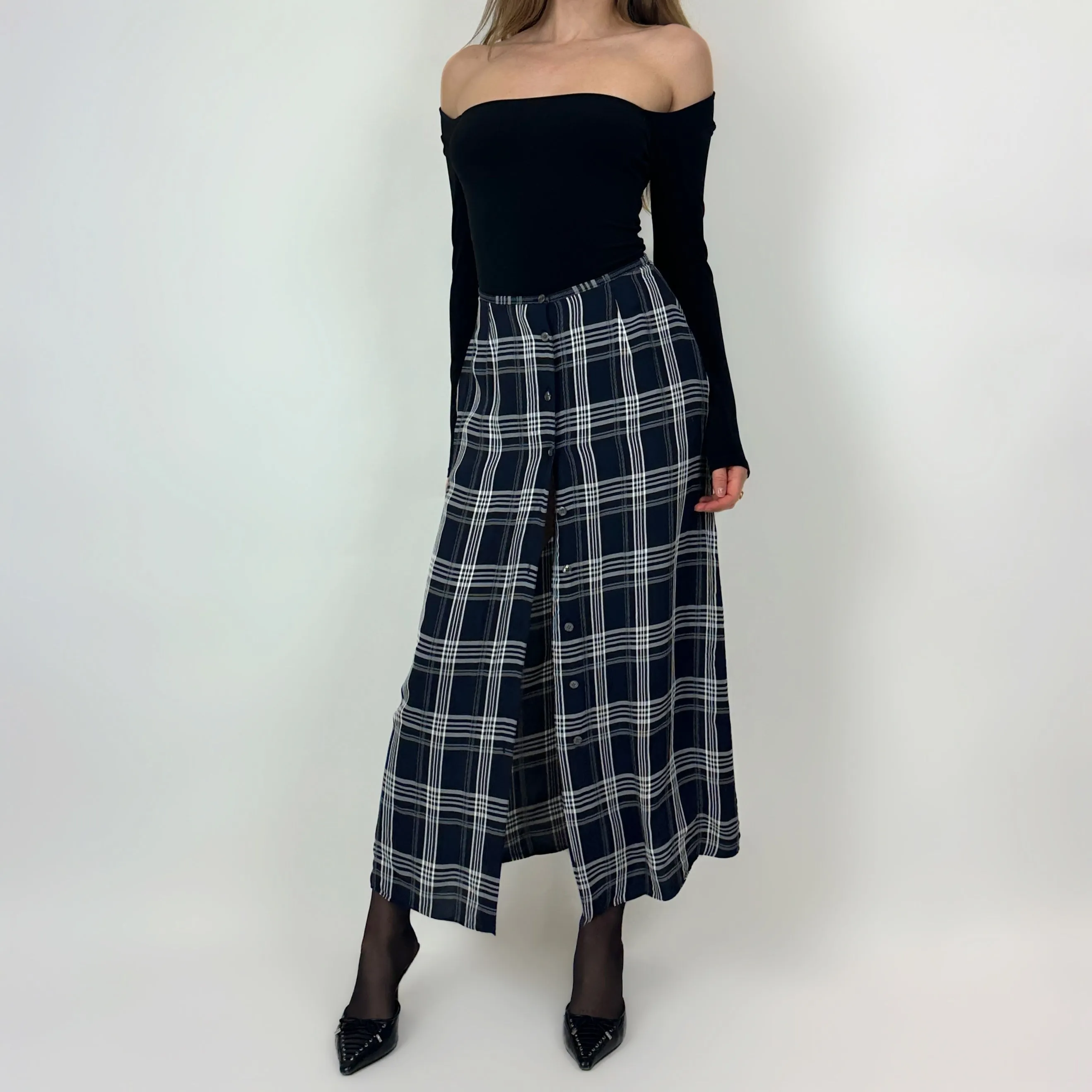 Vintage Navy Plaid Maxi Skirt (S)