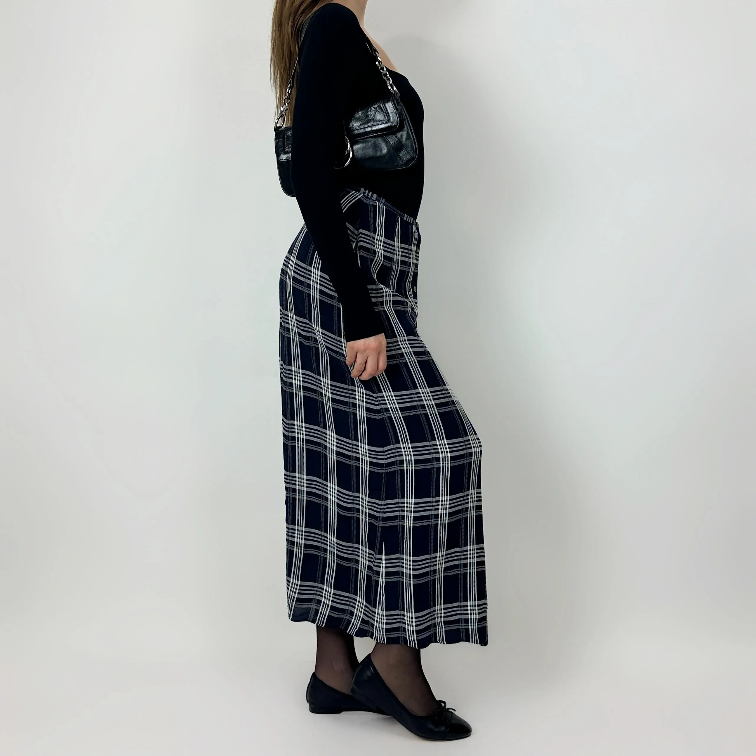 Vintage Navy Plaid Maxi Skirt (S)