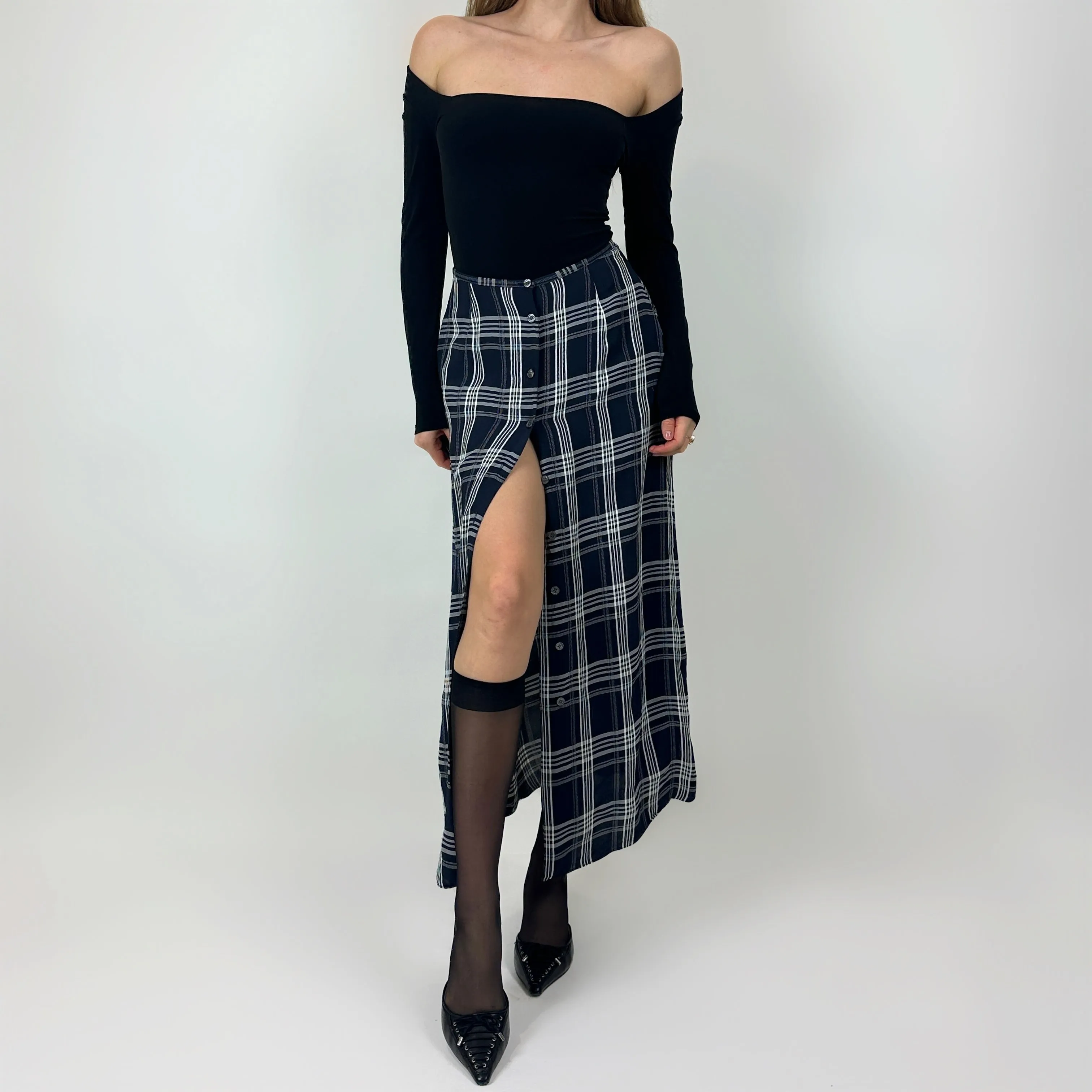 Vintage Navy Plaid Maxi Skirt (S)