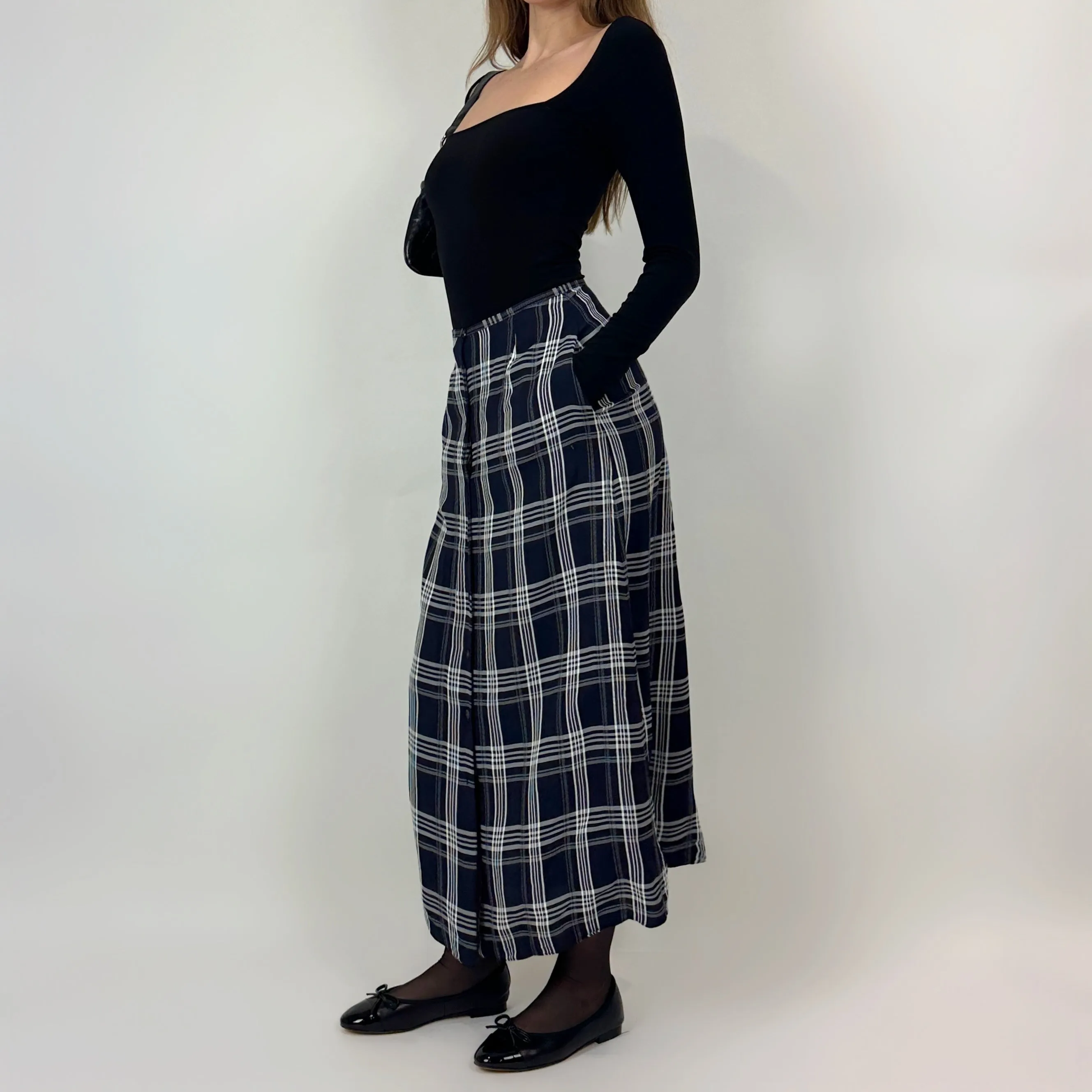 Vintage Navy Plaid Maxi Skirt (S)