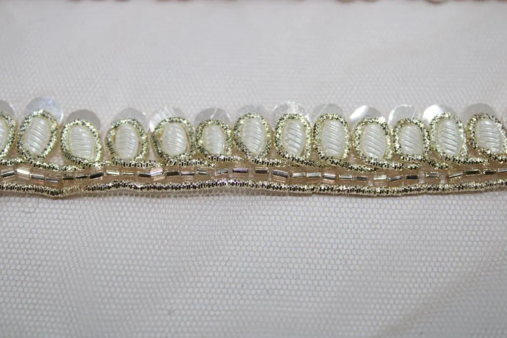 White Fancy Sequins and Stone Work Embroidered Border