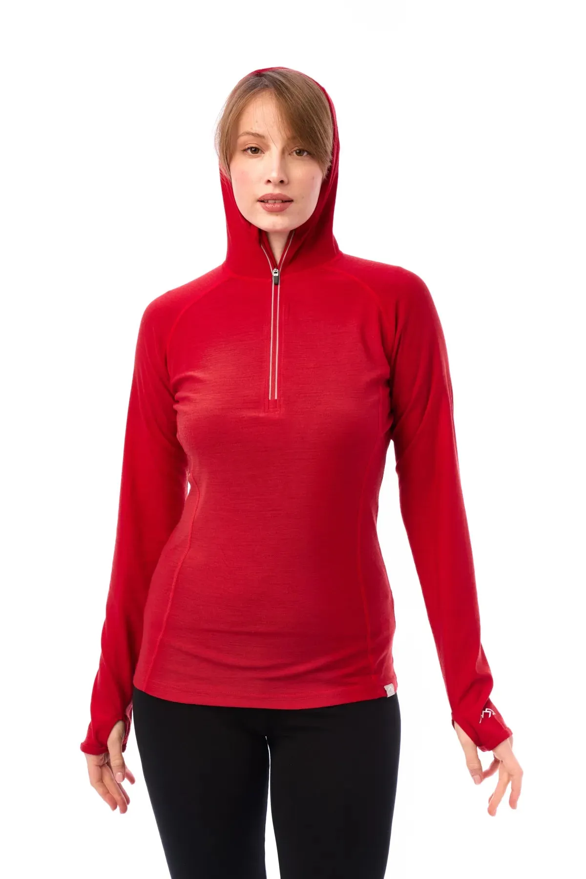 Women's Merino Wool Half Zip Hoodie 190 Cherry Red