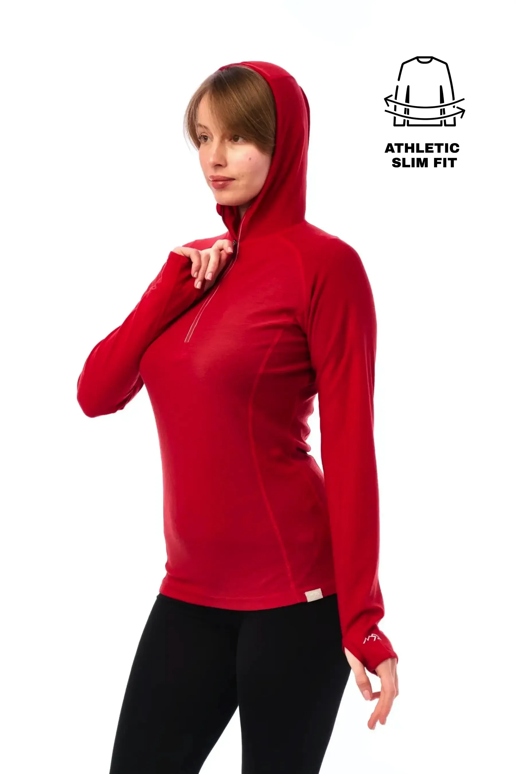 Women's Merino Wool Half Zip Hoodie 190 Cherry Red