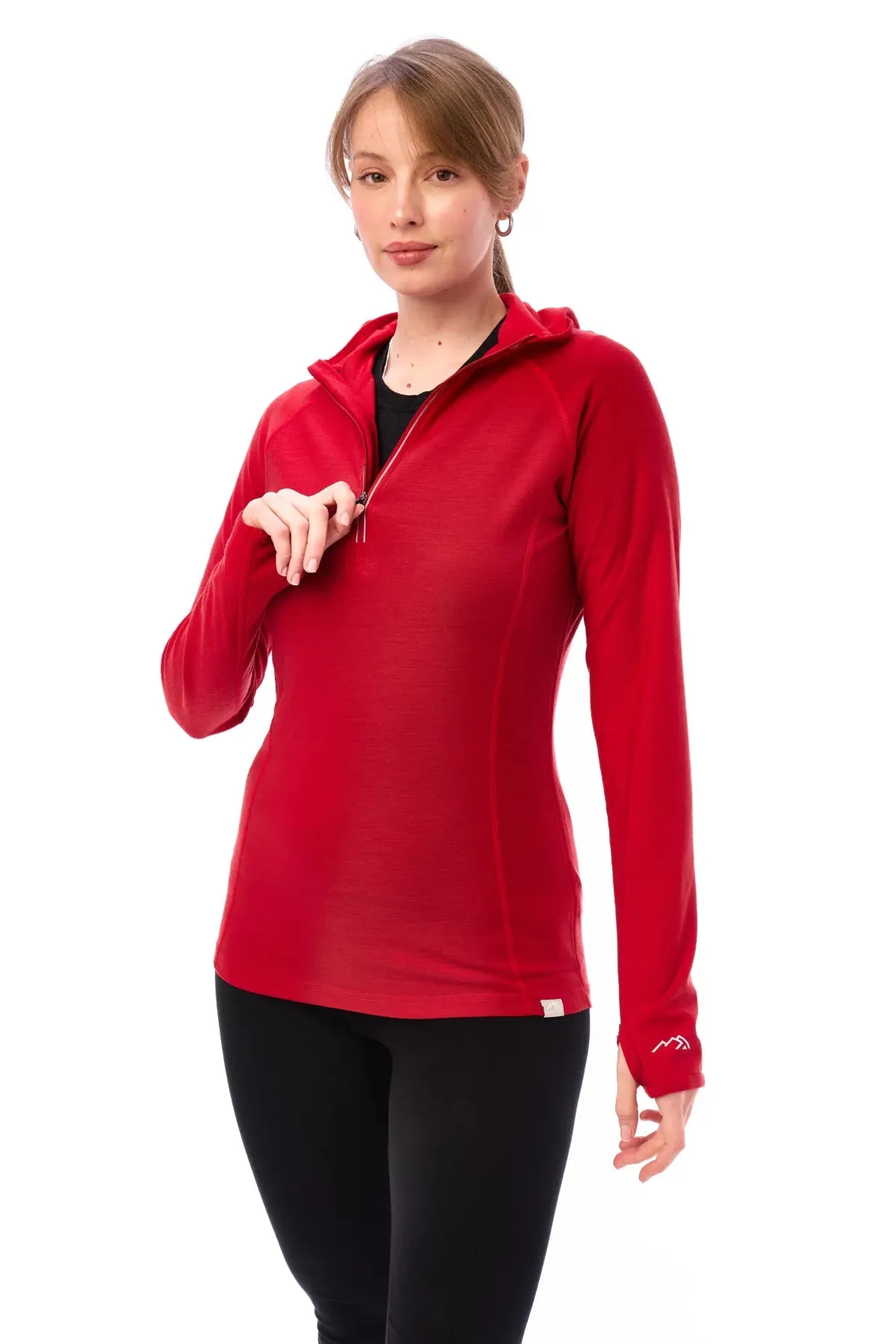 Women's Merino Wool Half Zip Hoodie 190 Cherry Red