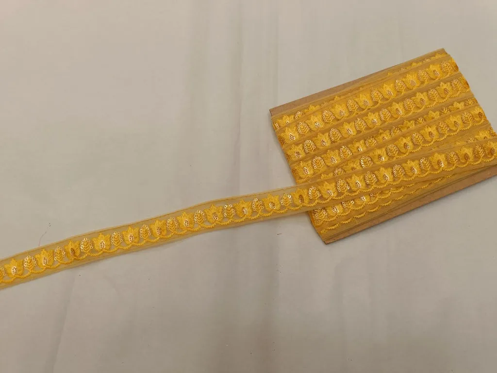 Yellow & Golden Zari & Sequins Embroidered Net Border