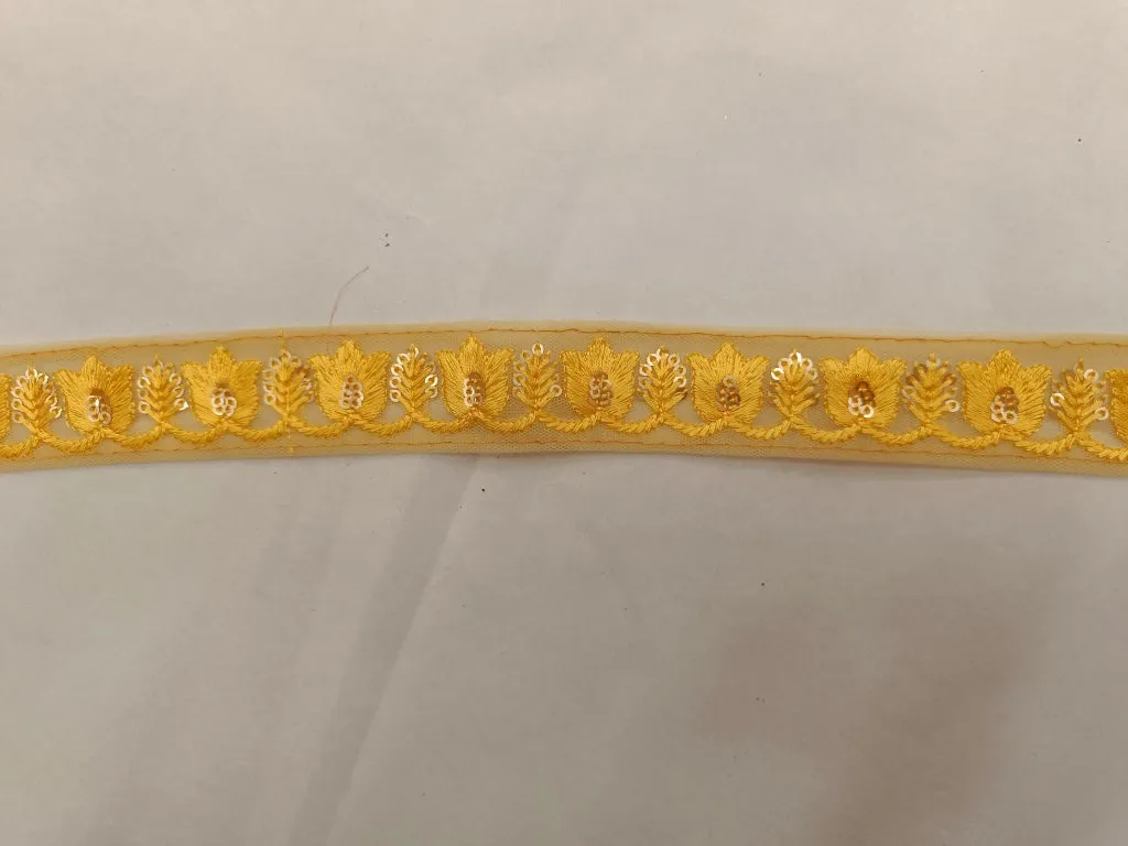 Yellow & Golden Zari & Sequins Embroidered Net Border