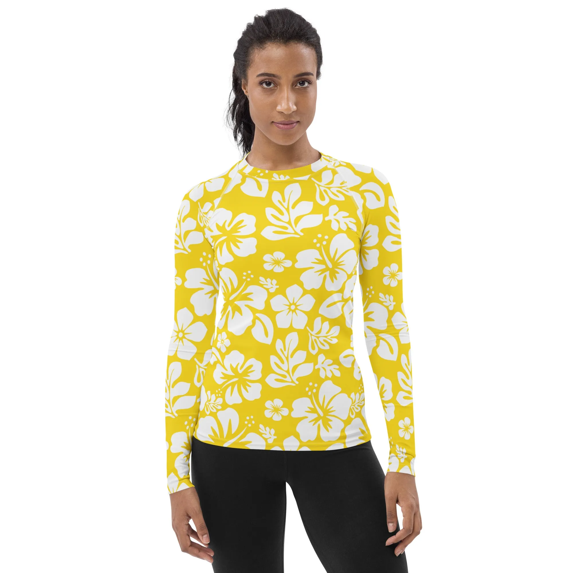 Yellow and White Hawaiian Flowers Women's Rash Guard