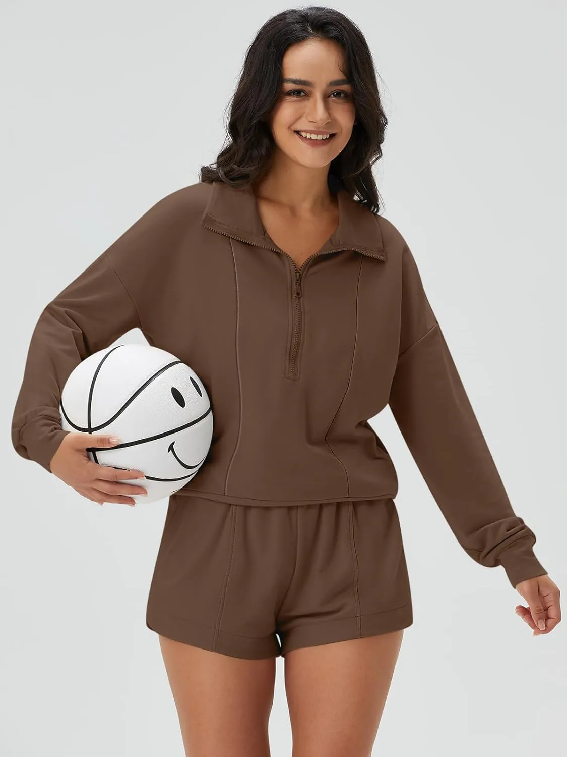 Zip V-Neck Sweatshirt & Shorts Tracksuit Set