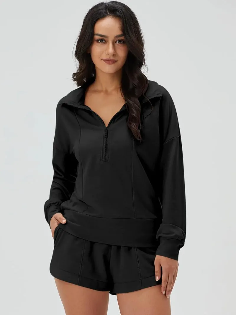 Zip V-Neck Sweatshirt & Shorts Tracksuit Set