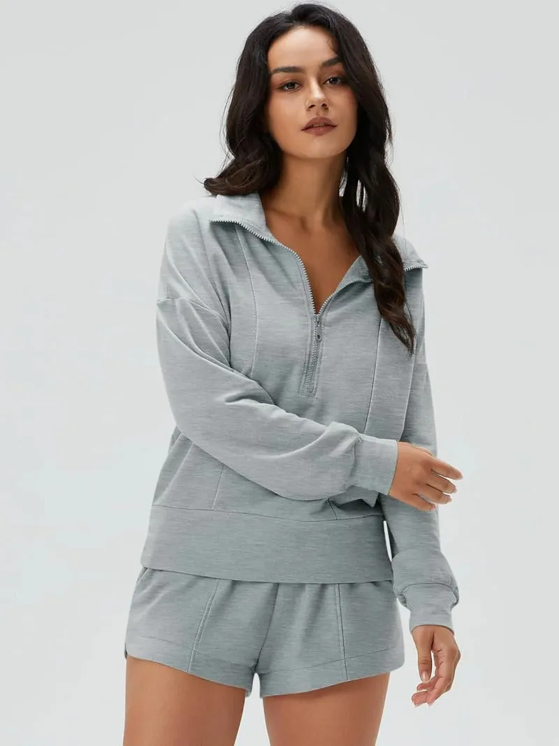 Zip V-Neck Sweatshirt & Shorts Tracksuit Set