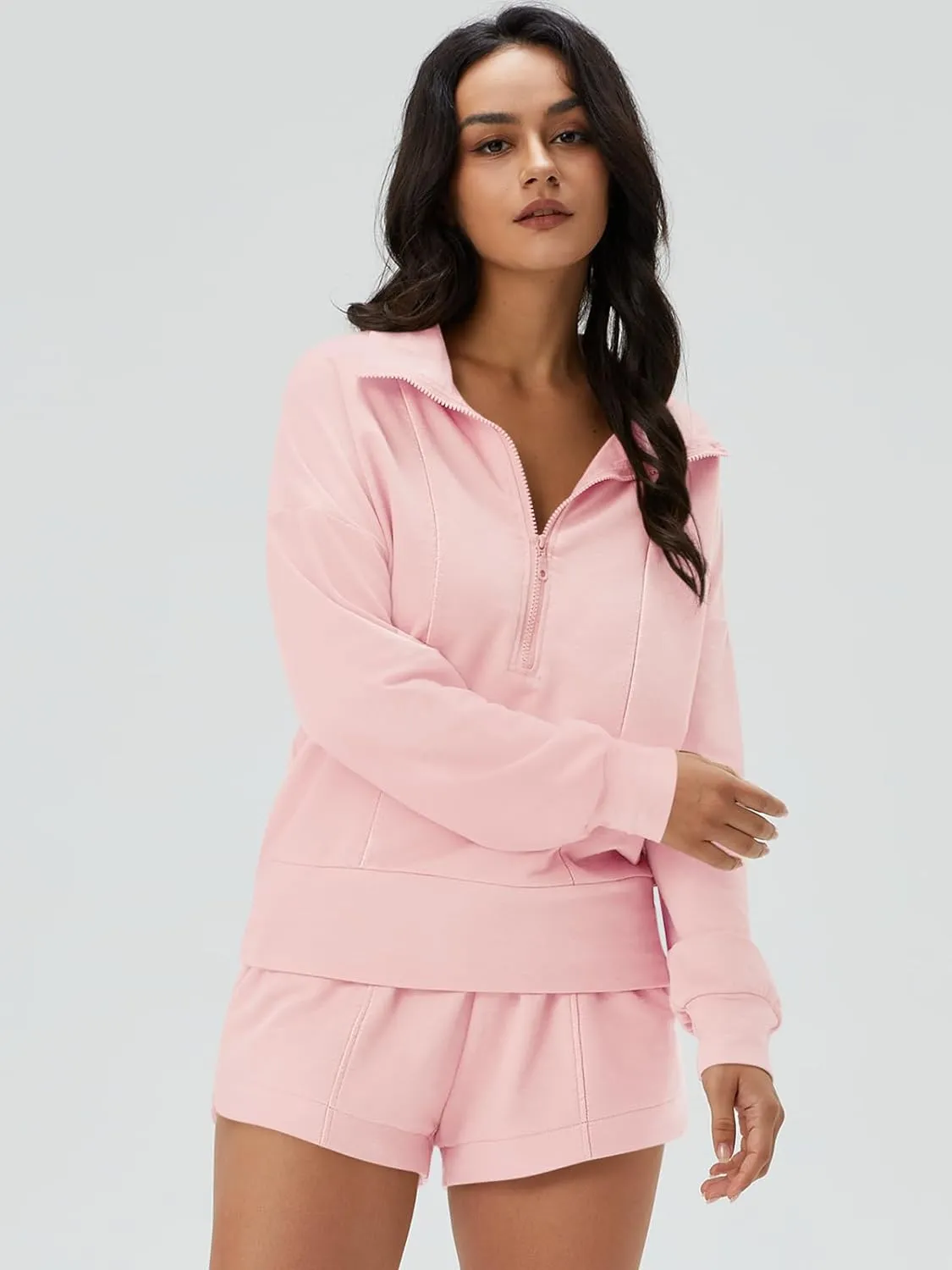 Zip V-Neck Sweatshirt & Shorts Tracksuit Set