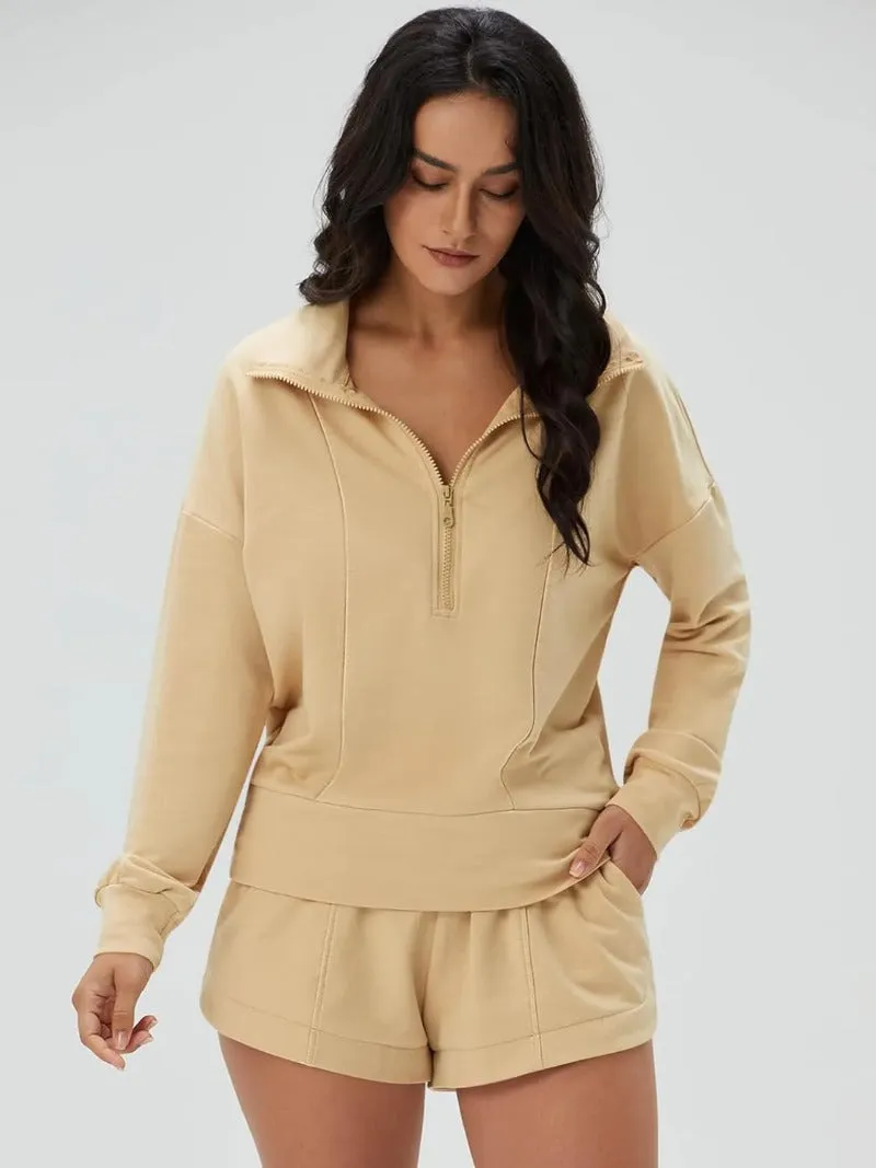 Zip V-Neck Sweatshirt & Shorts Tracksuit Set