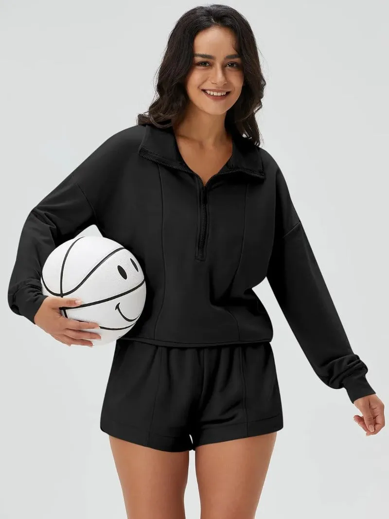 Zip V-Neck Sweatshirt & Shorts Tracksuit Set